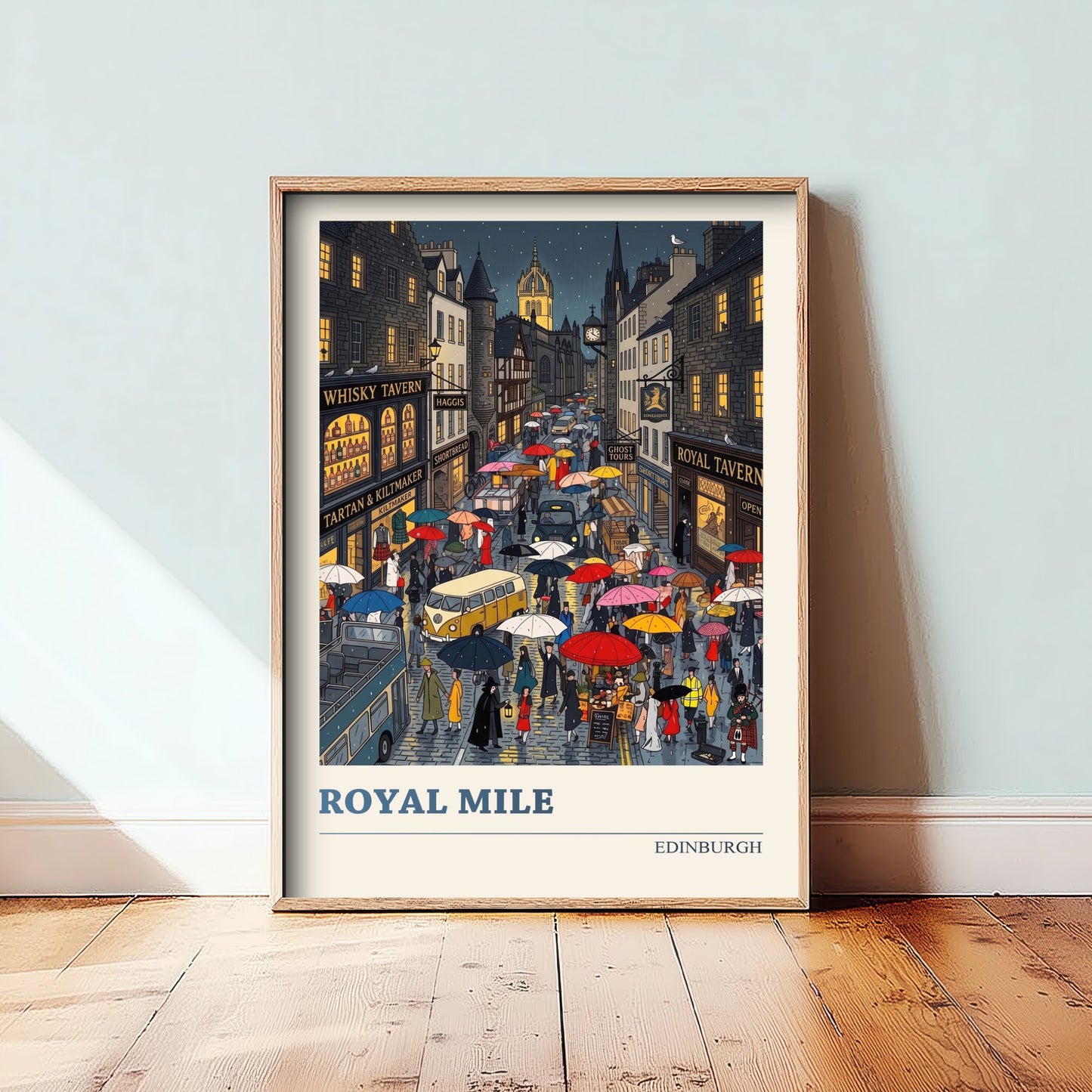 Royal Mile Edinburgh Art Print - Rainy Night Folk Art Illustration - Whisky Tavern and Umbrellas - Scotland Travel Poster 2/3