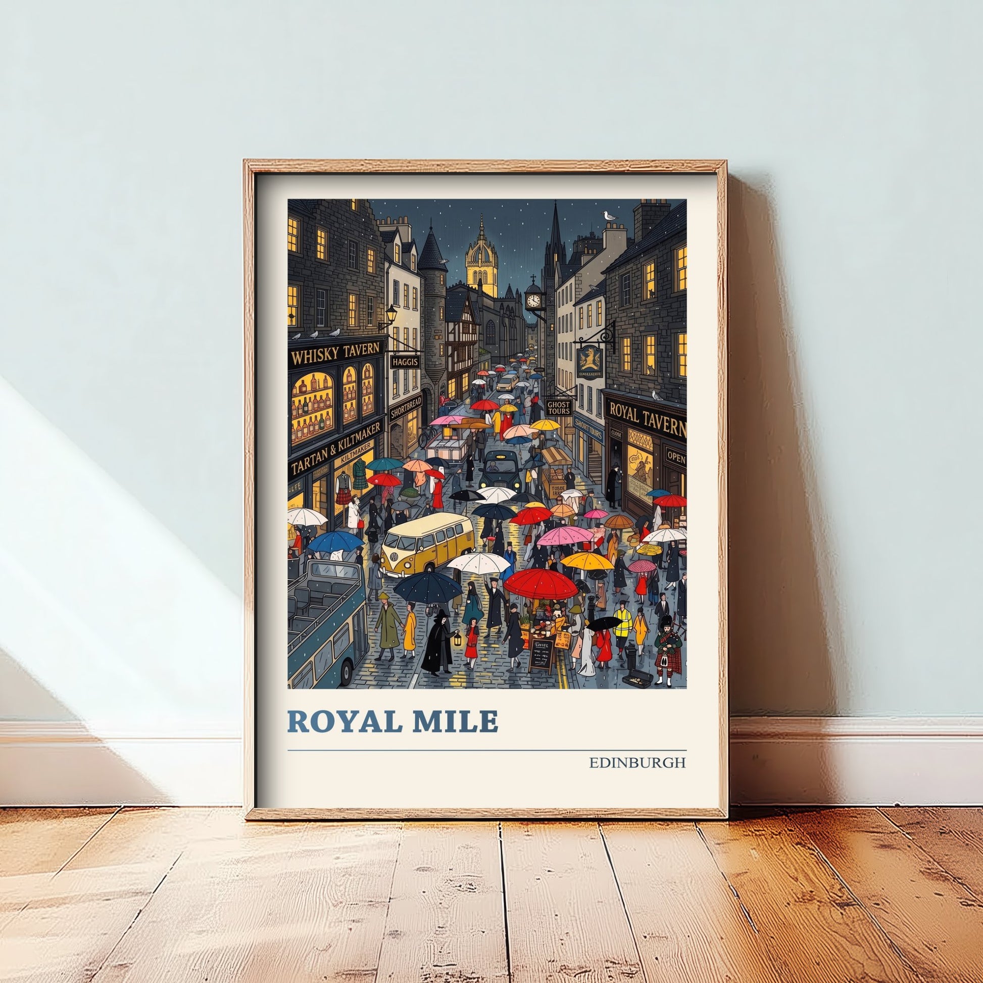 Royal Mile Edinburgh Art Print - Rainy Night Folk Art Illustration - Whisky Tavern and Umbrellas - Scotland Travel Poster 2/3