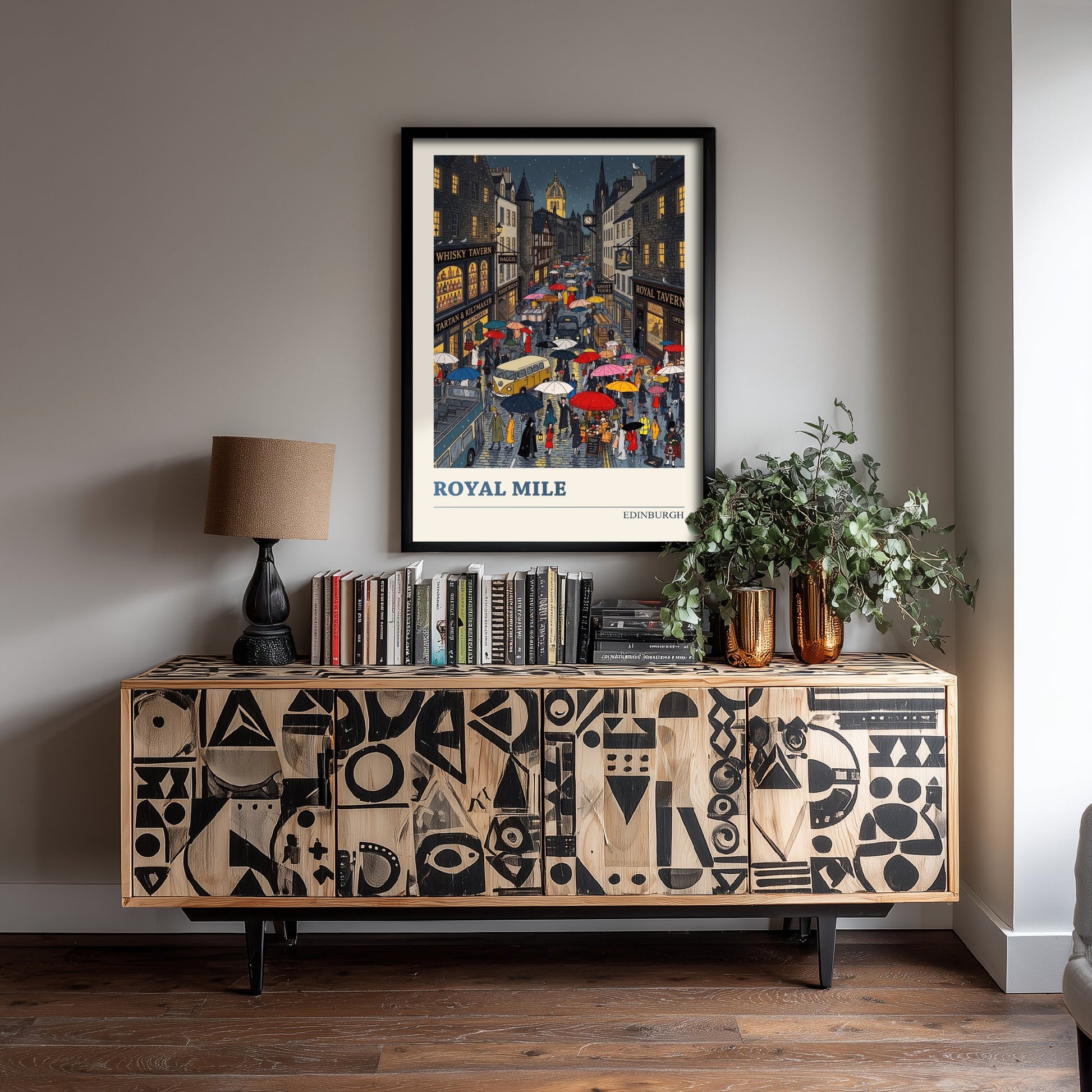 Royal Mile Edinburgh Art Print - Rainy Night Folk Art Illustration - Whisky Tavern and Umbrellas - Scotland Travel Poster 2/3