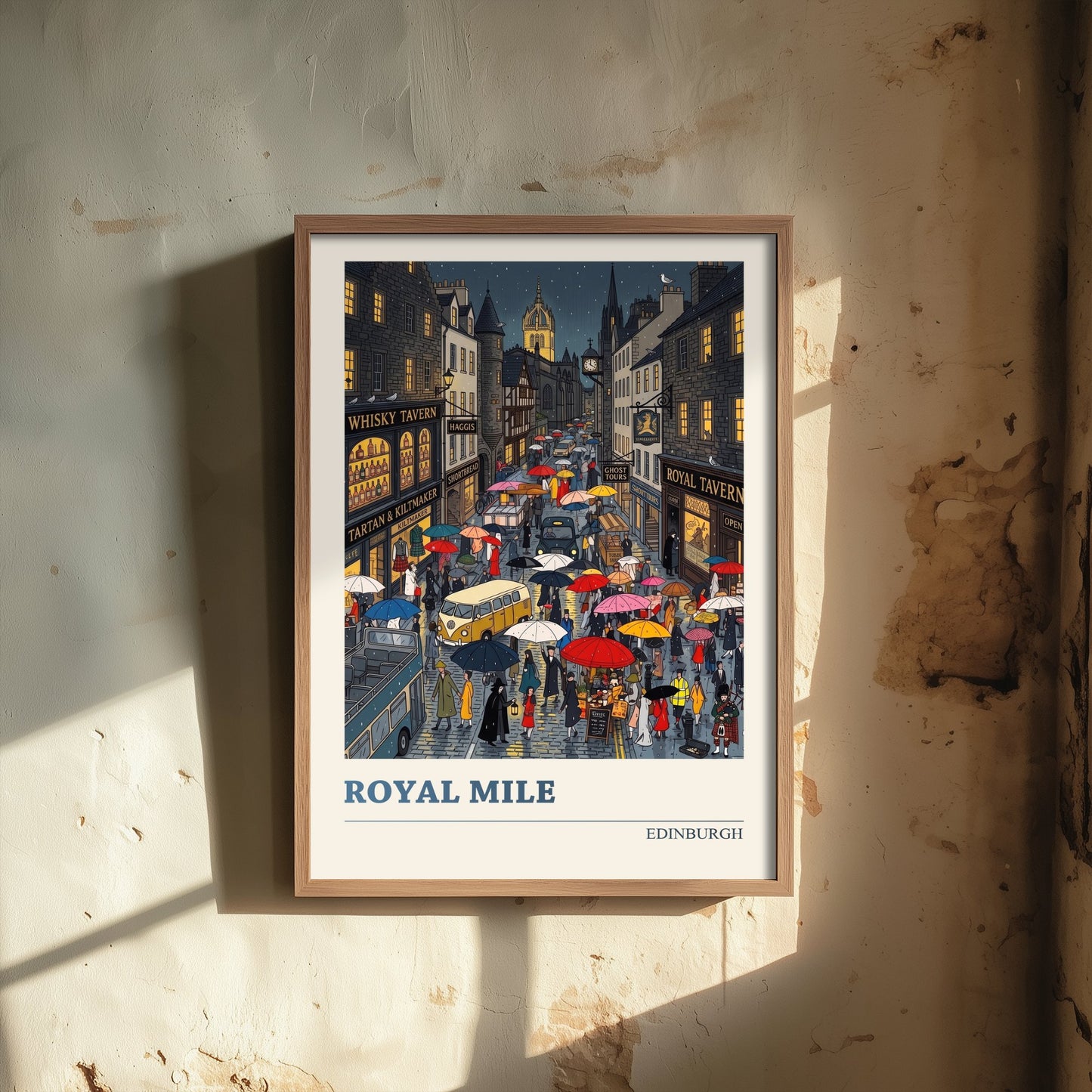 Royal Mile Edinburgh Art Print - Rainy Night Folk Art Illustration - Whisky Tavern and Umbrellas - Scotland Travel Poster 2/3