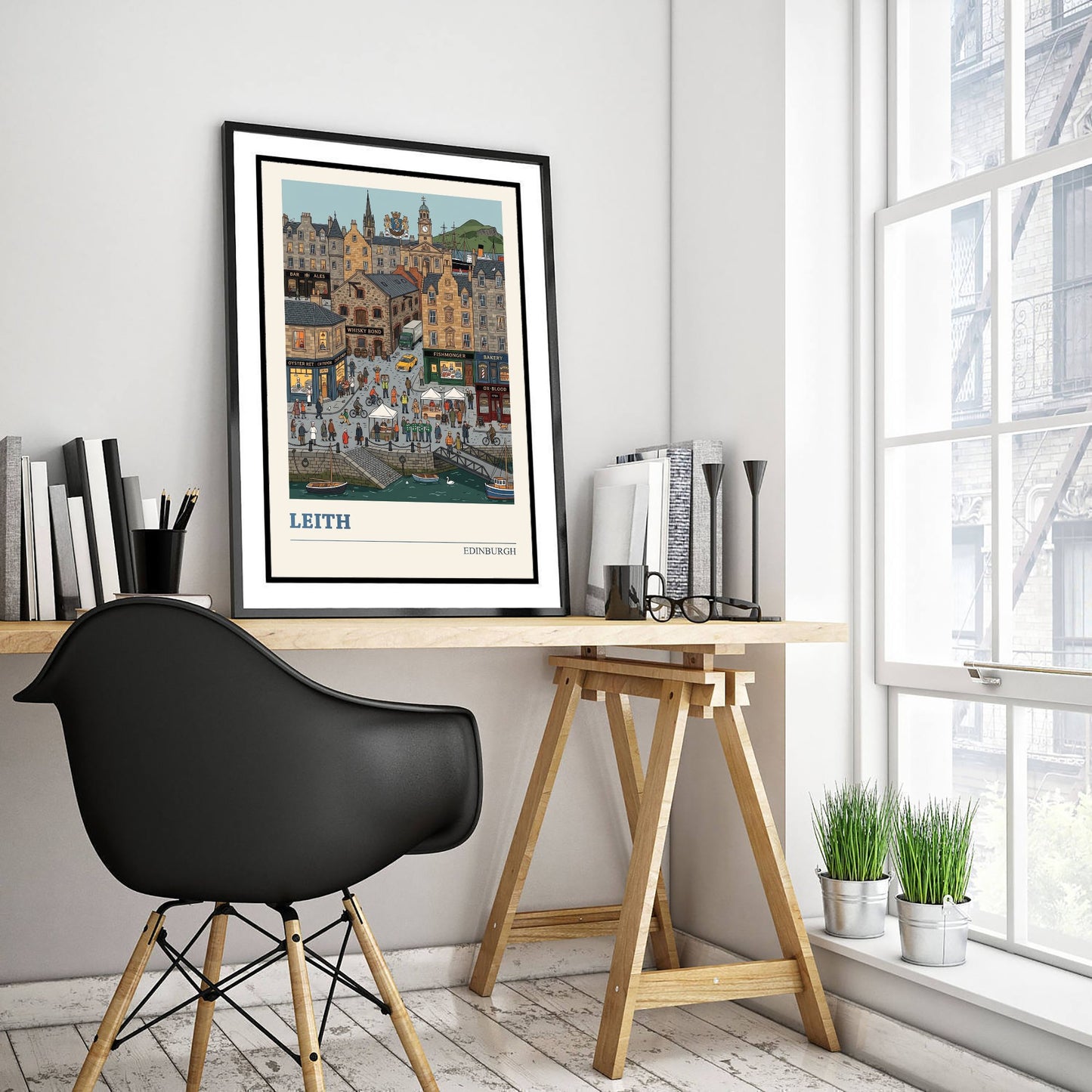 Leith Edinburgh Art Print - Harbour Folk Art Illustration - Whisky Bond and Fishing Boats - Scottish Port Travel Poster 3/3