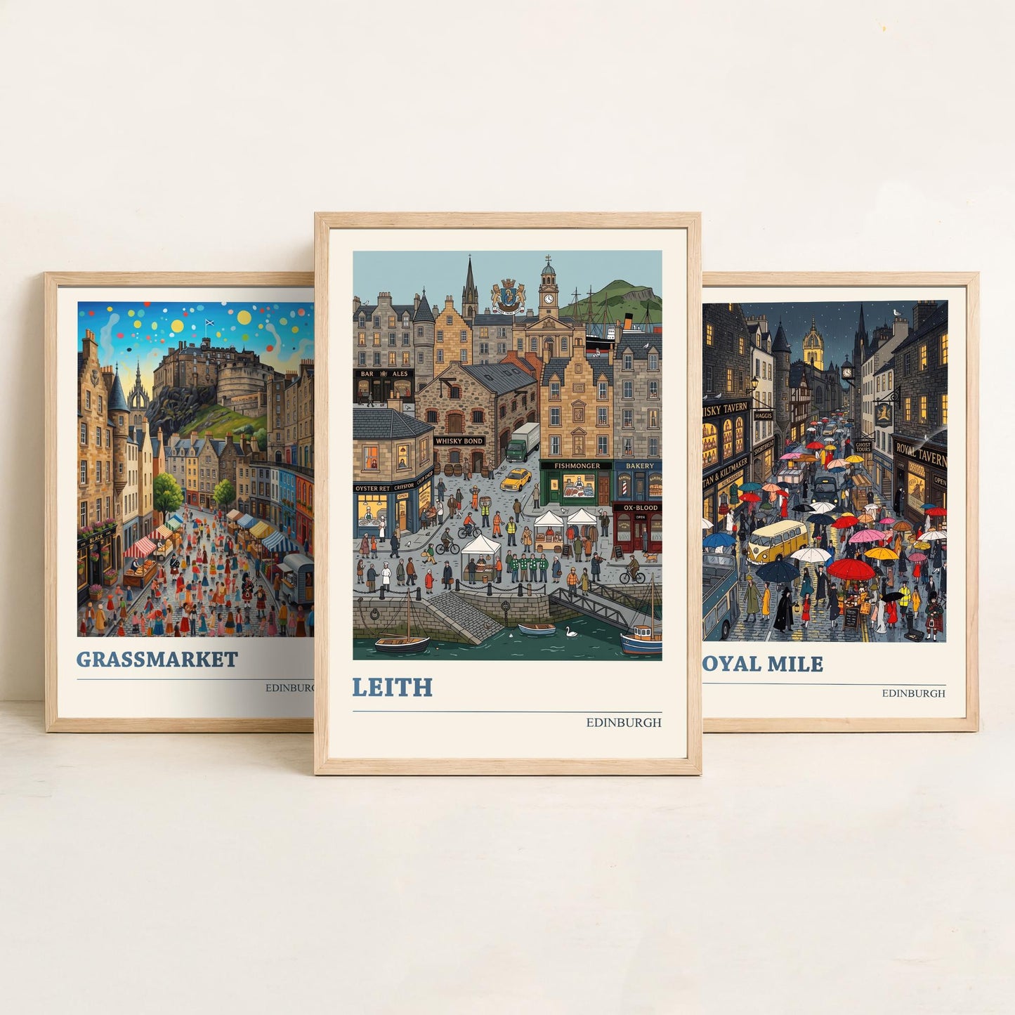Edinburgh Set of Three Art Prints - Grassmarket, Royal Mile, Leith - 3 Colourful Folk Illustration Travel Posters - Scotland Painting