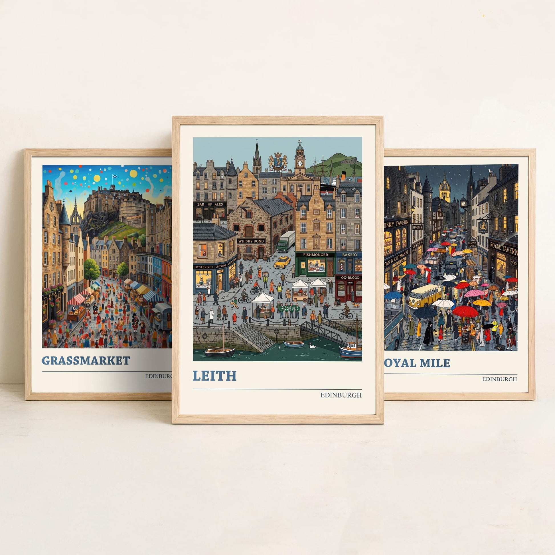 Edinburgh Set of Three Art Prints - Grassmarket, Royal Mile, Leith - 3 Colourful Folk Illustration Travel Posters - Scotland Painting