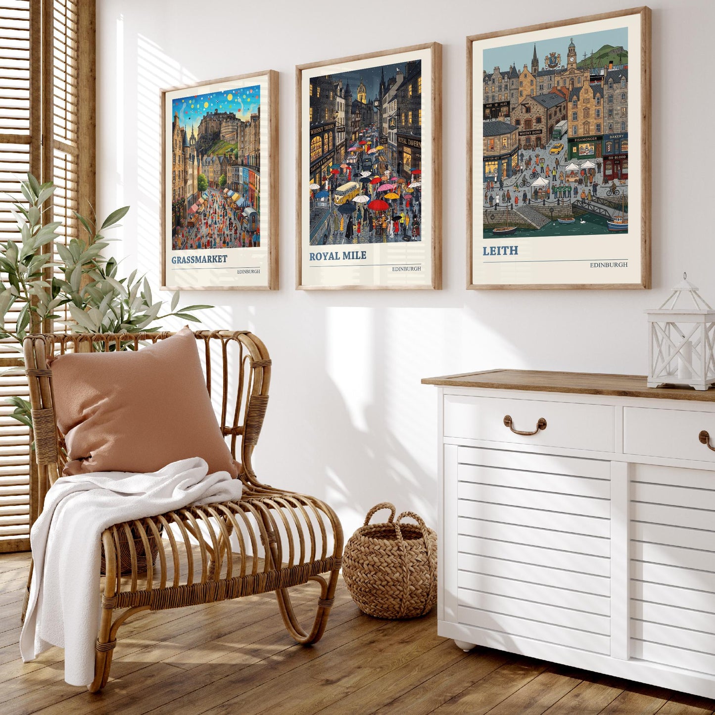 Edinburgh Set of Three Art Prints - Grassmarket, Royal Mile, Leith - 3 Colourful Folk Illustration Travel Posters - Scotland Painting