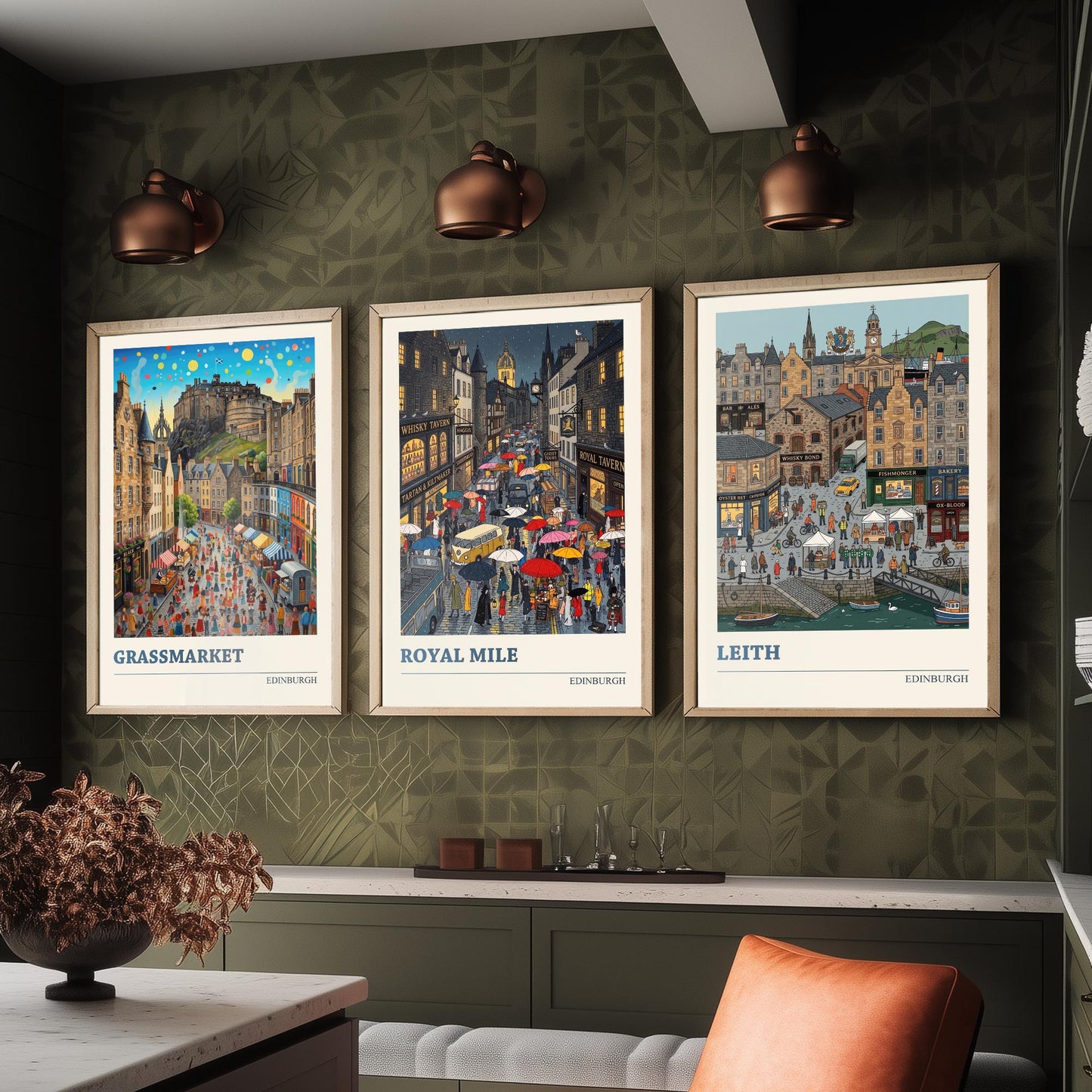 Edinburgh Set of Three Art Prints - Grassmarket, Royal Mile, Leith - 3 Colourful Folk Illustration Travel Posters - Scotland Painting