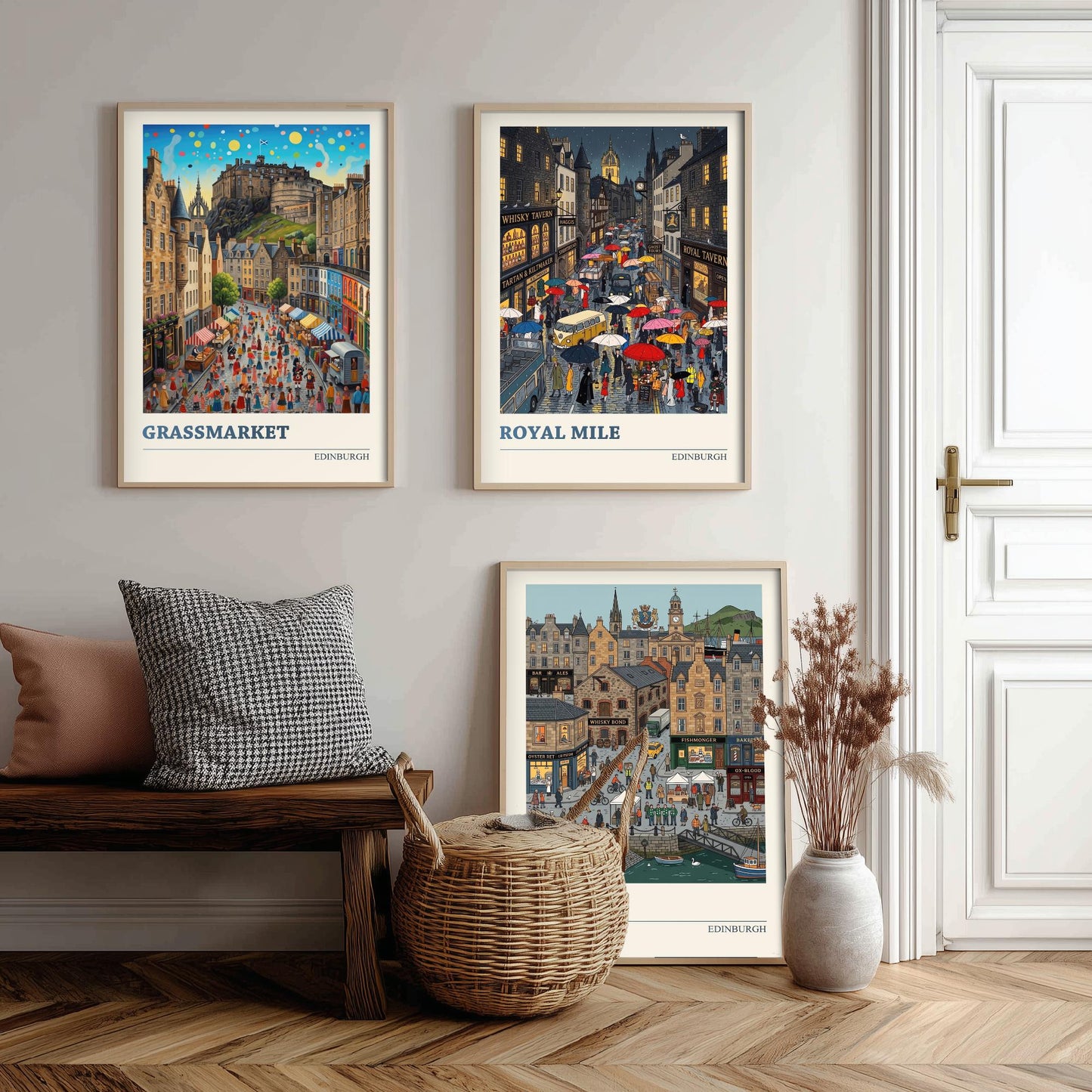 Edinburgh Set of Three Art Prints - Grassmarket, Royal Mile, Leith - 3 Colourful Folk Illustration Travel Posters - Scotland Painting