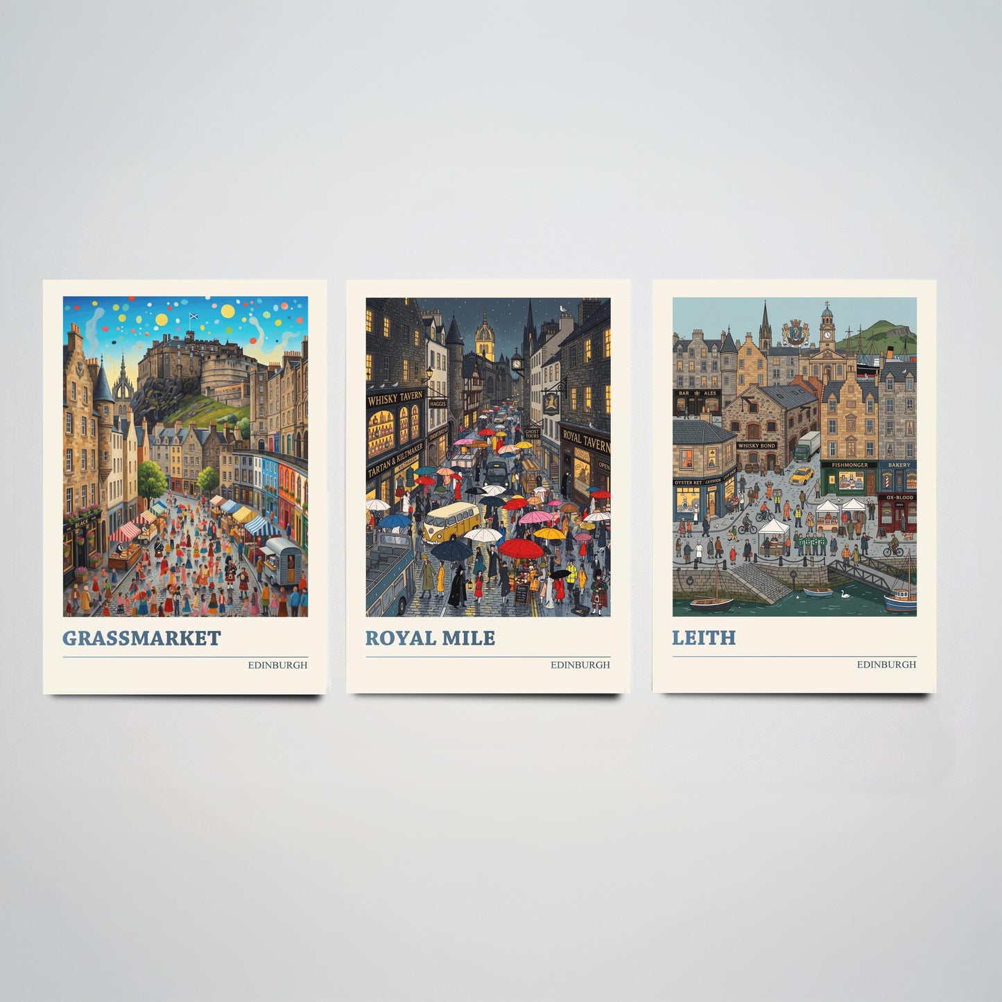 Edinburgh Set of Three Art Prints - Grassmarket, Royal Mile, Leith - 3 Colourful Folk Illustration Travel Posters - Scotland Painting