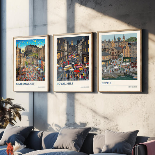 Edinburgh Set of Three Art Prints - Grassmarket, Royal Mile, Leith - 3 Colourful Folk Illustration Travel Posters - Scotland Painting