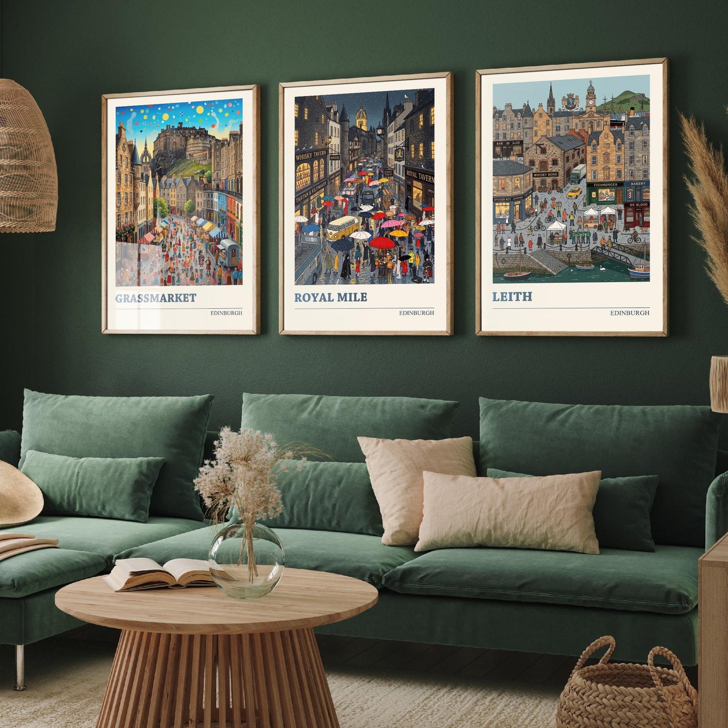 Edinburgh Set of Three Art Prints - Grassmarket, Royal Mile, Leith - 3 Colourful Folk Illustration Travel Posters - Scotland Painting