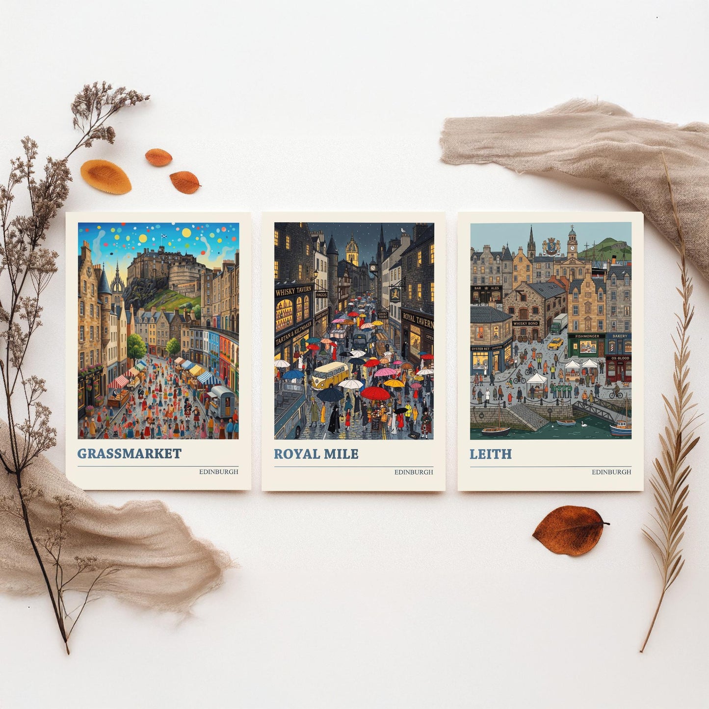 Edinburgh Set of Three Art Prints - Grassmarket, Royal Mile, Leith - 3 Colourful Folk Illustration Travel Posters - Scotland Painting
