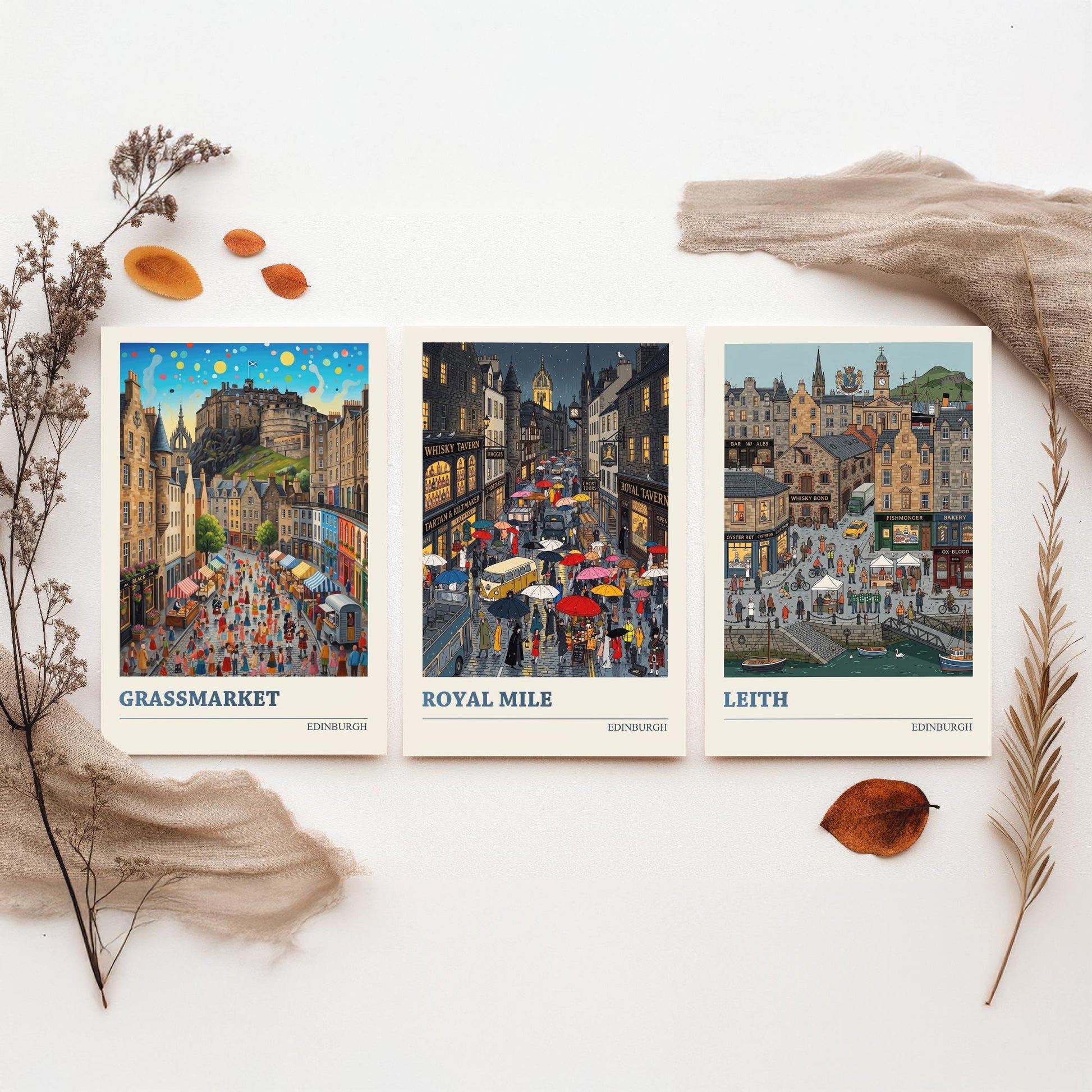 Edinburgh Set of Three Art Prints - Grassmarket, Royal Mile, Leith - 3 Colourful Folk Illustration Travel Posters - Scotland Painting