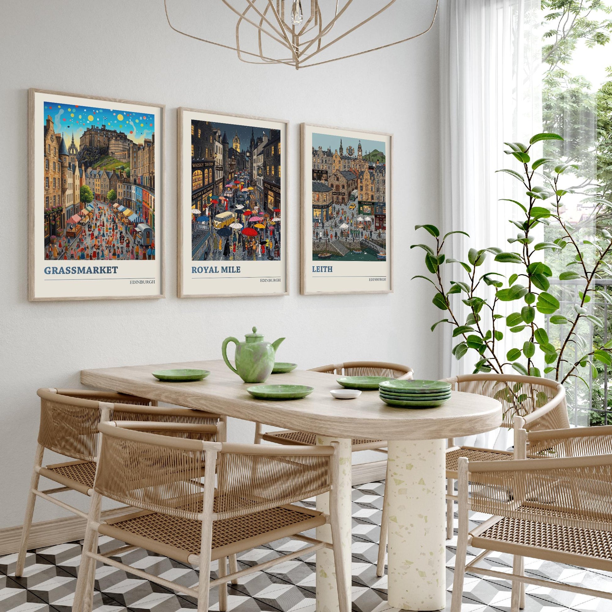 Edinburgh Set of Three Art Prints - Grassmarket, Royal Mile, Leith - 3 Colourful Folk Illustration Travel Posters - Scotland Painting
