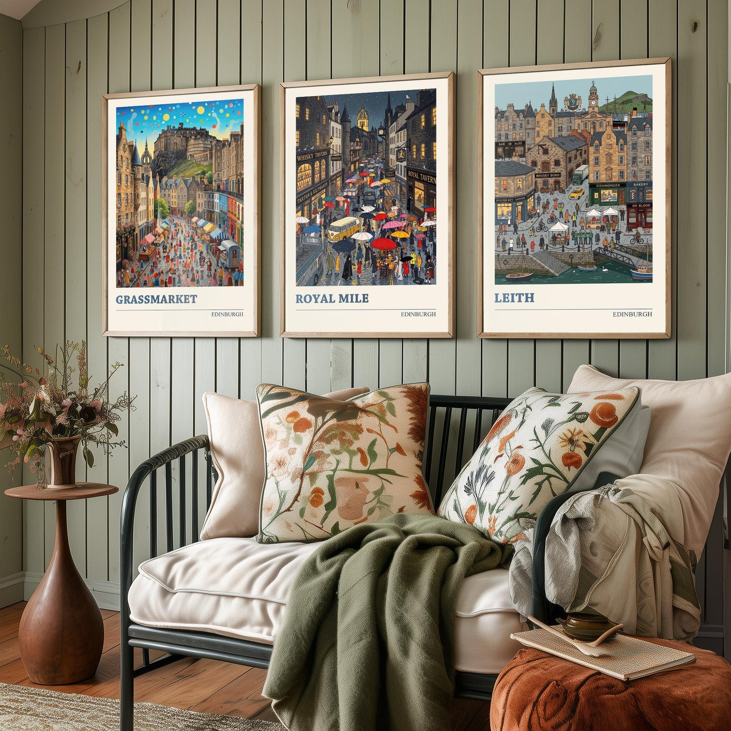 Edinburgh Set of Three Art Prints - Grassmarket, Royal Mile, Leith - 3 Colourful Folk Illustration Travel Posters - Scotland Painting