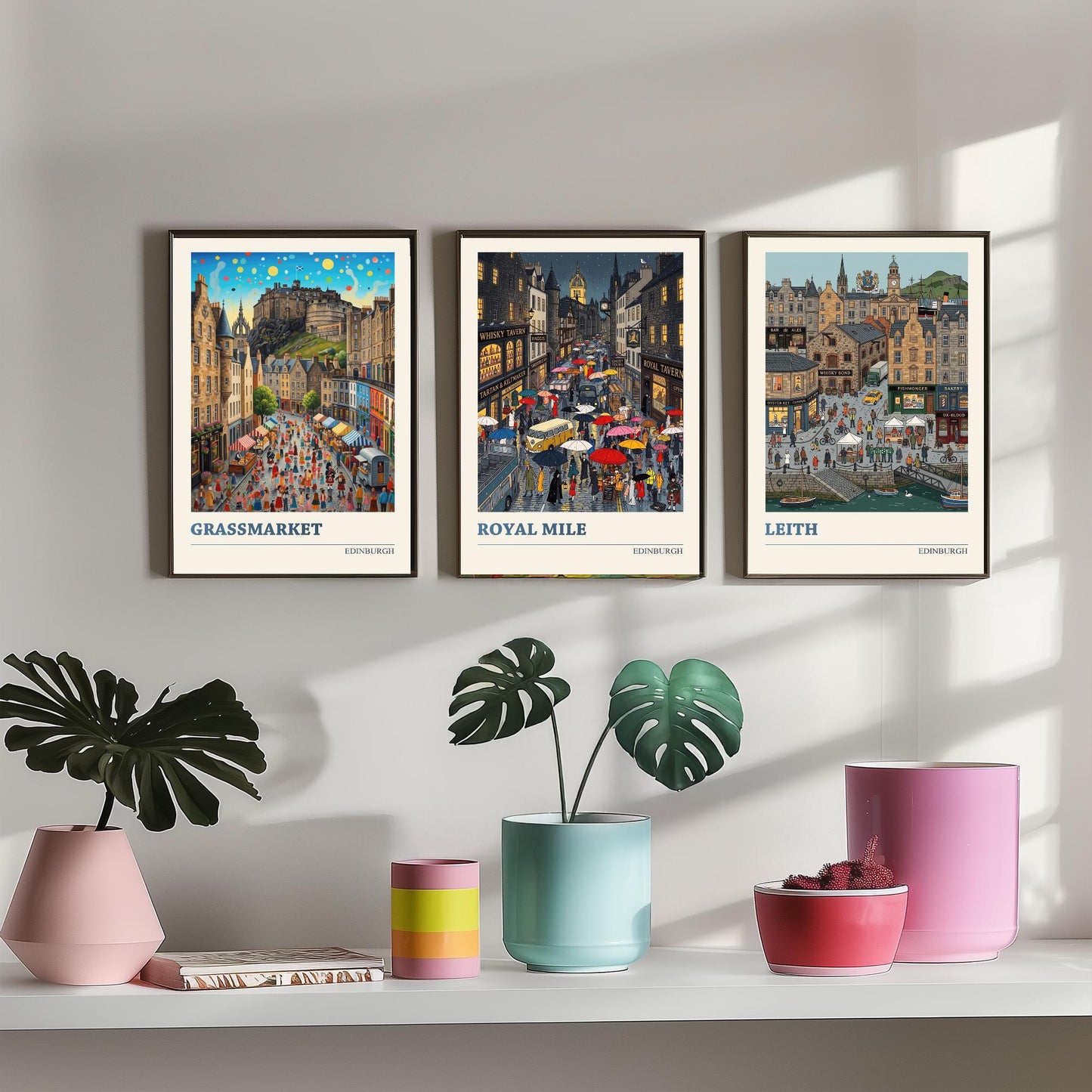 Edinburgh Set of Three Art Prints - Grassmarket, Royal Mile, Leith - 3 Colourful Folk Illustration Travel Posters - Scotland Painting