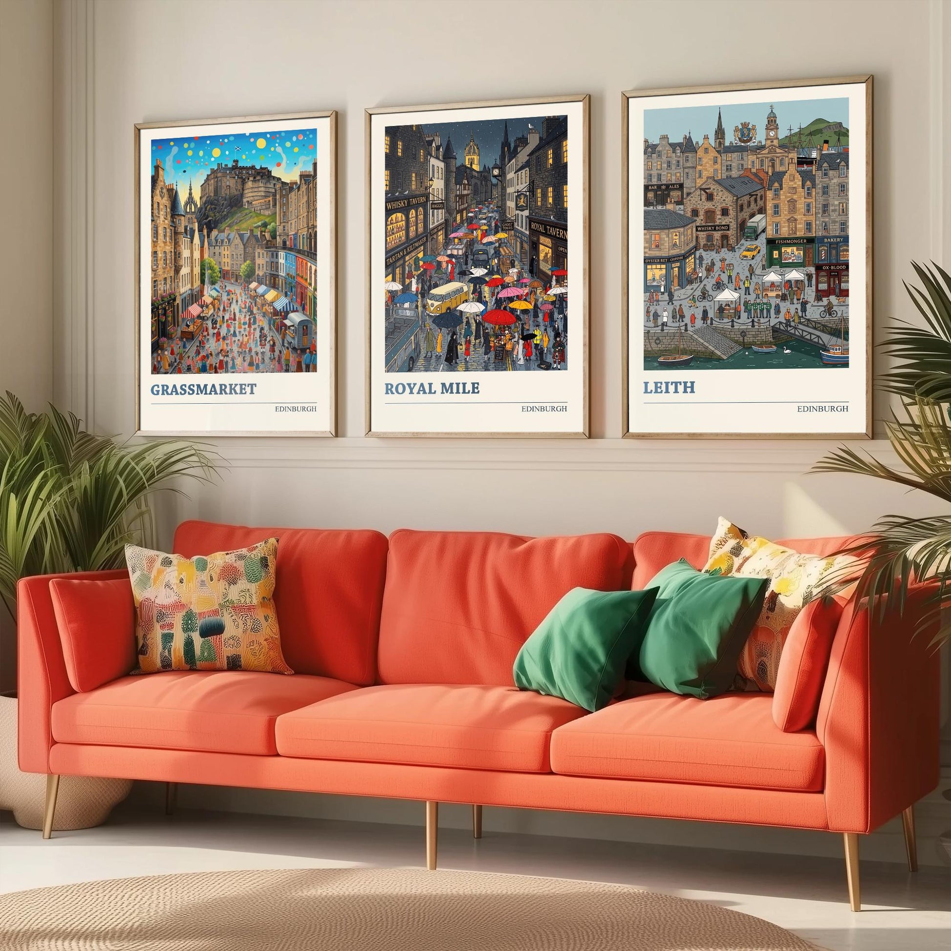 Edinburgh Set of Three Art Prints - Grassmarket, Royal Mile, Leith - 3 Colourful Folk Illustration Travel Posters - Scotland Painting