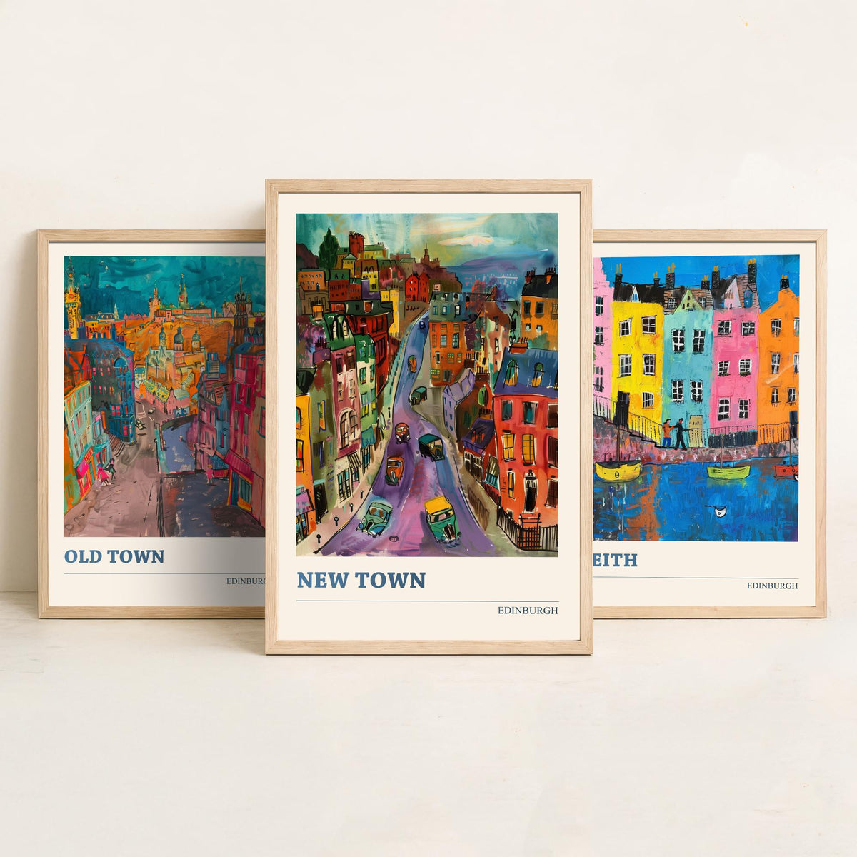 Edinburgh Scotland Set of Three Prints | Old Town Leith New Town | Expressive Vibrant Travel Wall Art Poster Painting