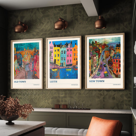 Edinburgh Scotland Set of Three Prints | Old Town Leith New Town | Expressive Vibrant Travel Wall Art Poster Painting