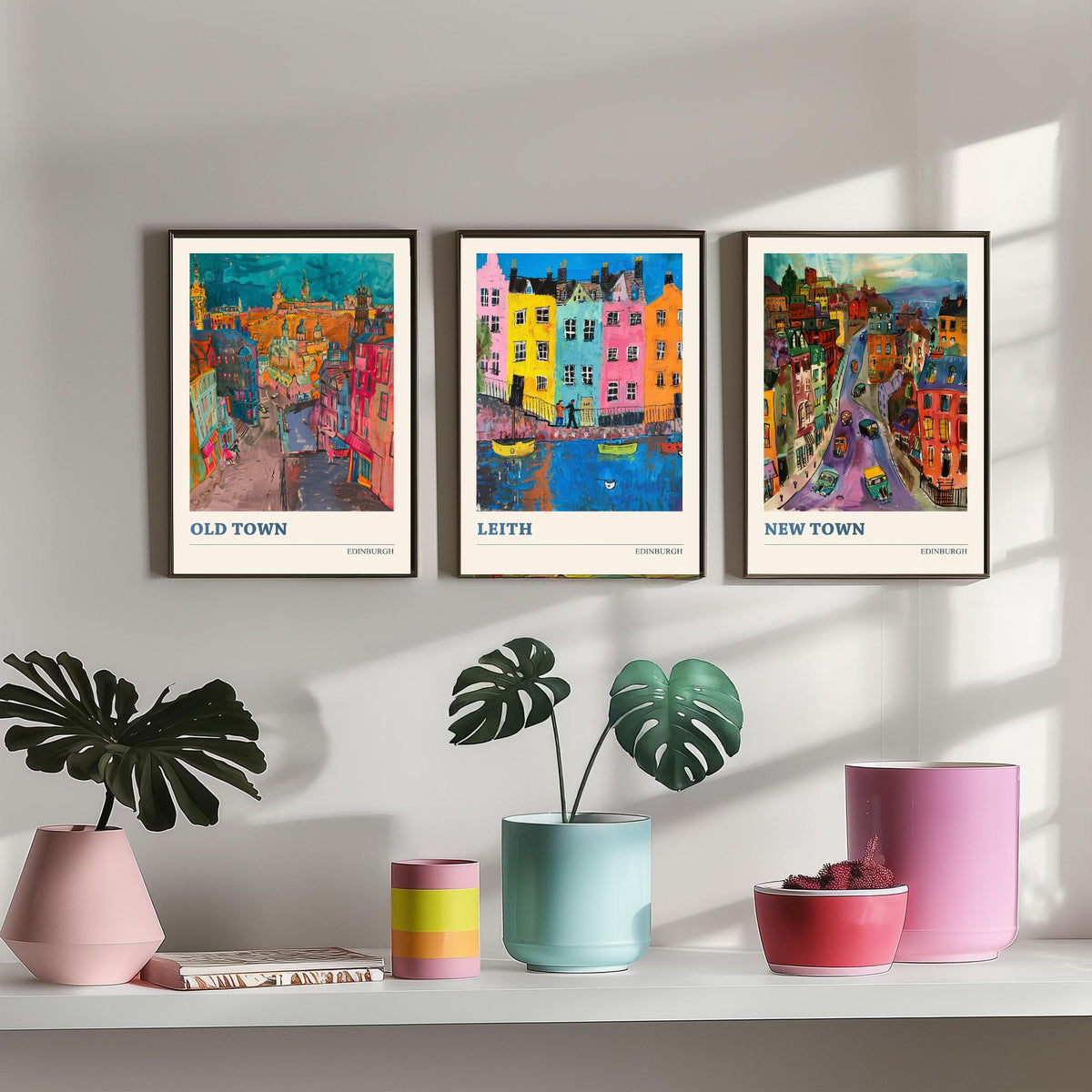 Edinburgh Scotland Set of Three Prints | Old Town Leith New Town | Expressive Vibrant Travel Wall Art Poster Painting