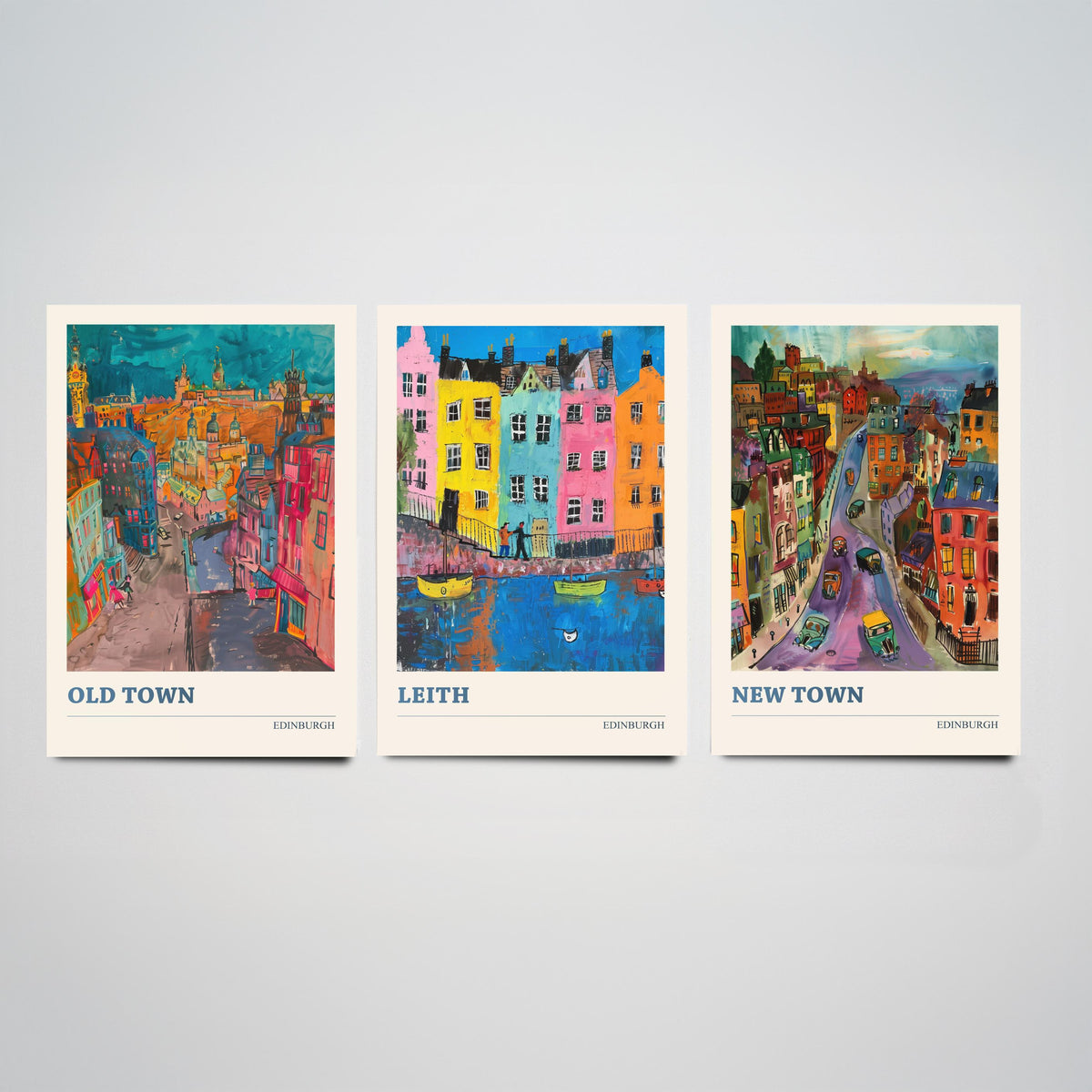 Edinburgh Scotland Set of Three Prints | Old Town Leith New Town | Expressive Vibrant Travel Wall Art Poster Painting