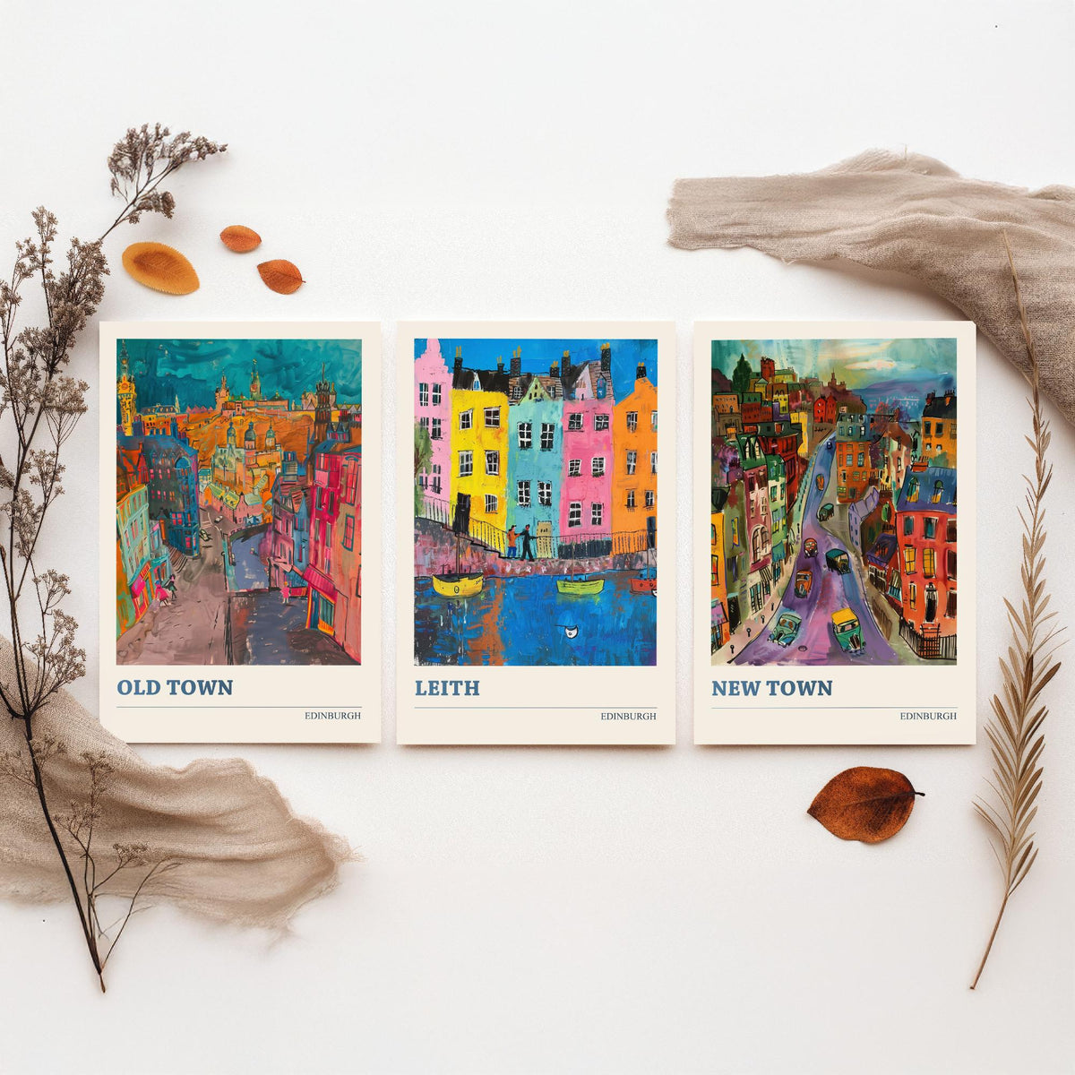 Edinburgh Scotland Set of Three Prints | Old Town Leith New Town | Expressive Vibrant Travel Wall Art Poster Painting
