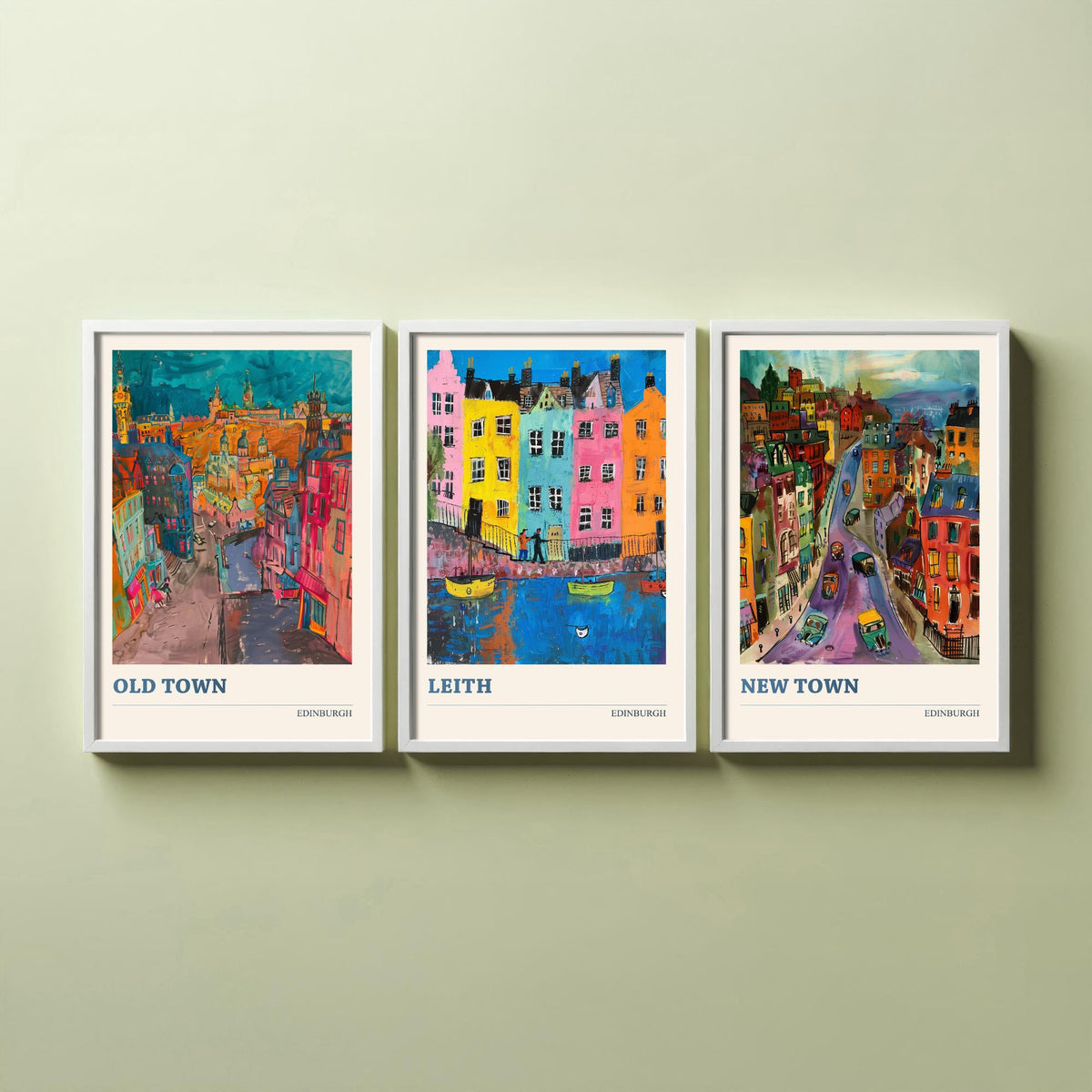 Edinburgh Scotland Set of Three Prints | Old Town Leith New Town | Expressive Vibrant Travel Wall Art Poster Painting