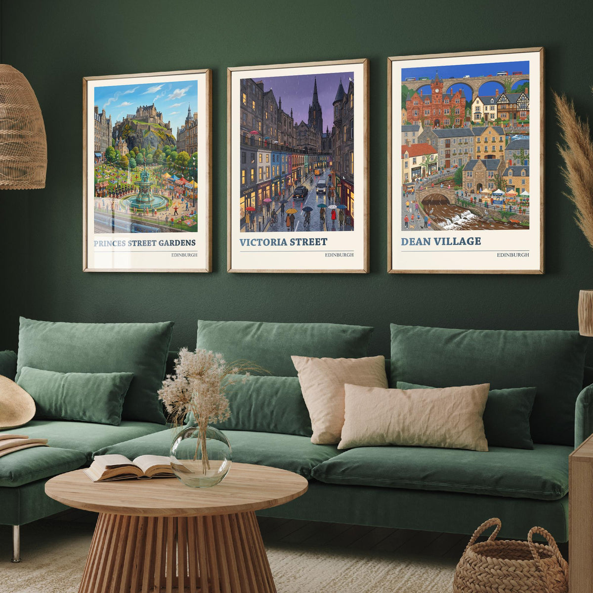 Edinburgh Set of Three Art Prints - Princes Street Gardens, Victoria Street, Dean Village - 3 Folk Illustration Travel Posters
