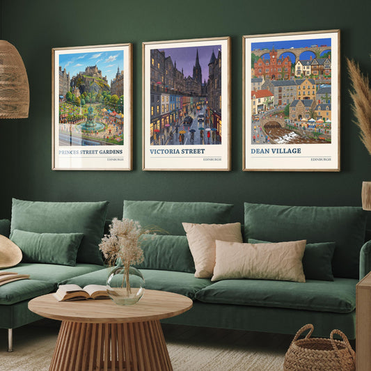 Edinburgh Set of Three Art Prints - Princes Street Gardens, Victoria Street, Dean Village - 3 Folk Illustration Travel Posters