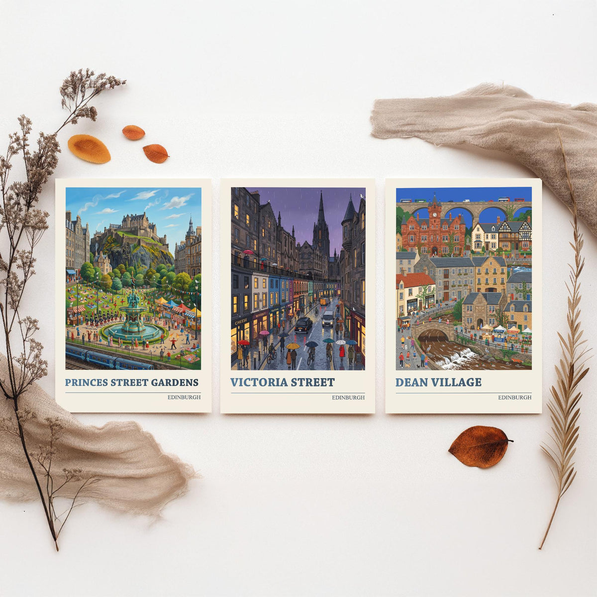 Edinburgh Set of Three Art Prints - Princes Street Gardens, Victoria Street, Dean Village - 3 Folk Illustration Travel Posters