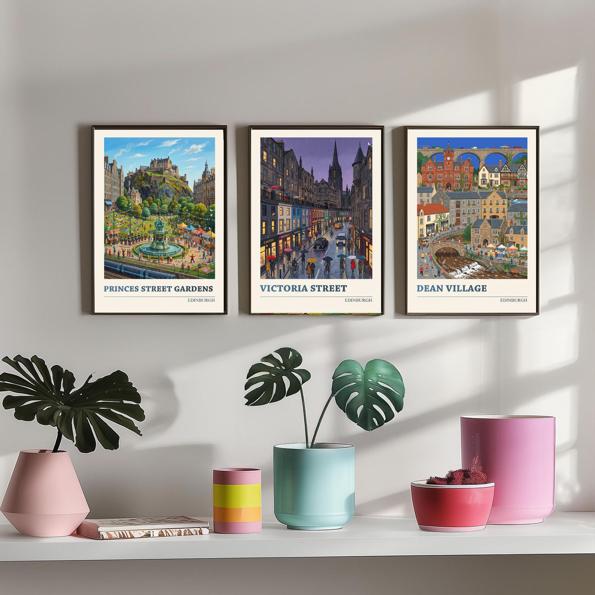 Edinburgh Set of Three Art Prints - Princes Street Gardens, Victoria Street, Dean Village - 3 Folk Illustration Travel Posters