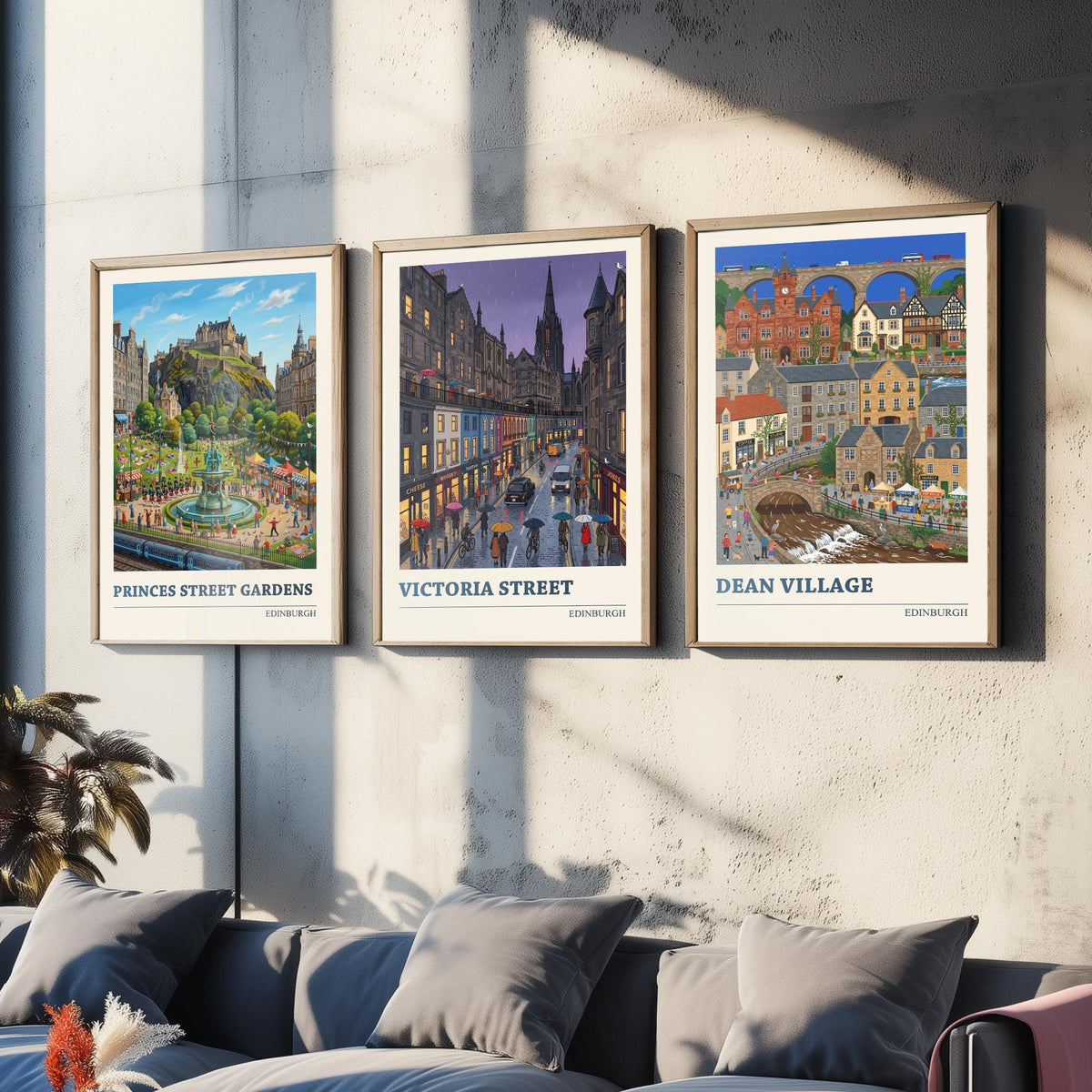 Edinburgh Set of Three Art Prints - Princes Street Gardens, Victoria Street, Dean Village - 3 Folk Illustration Travel Posters