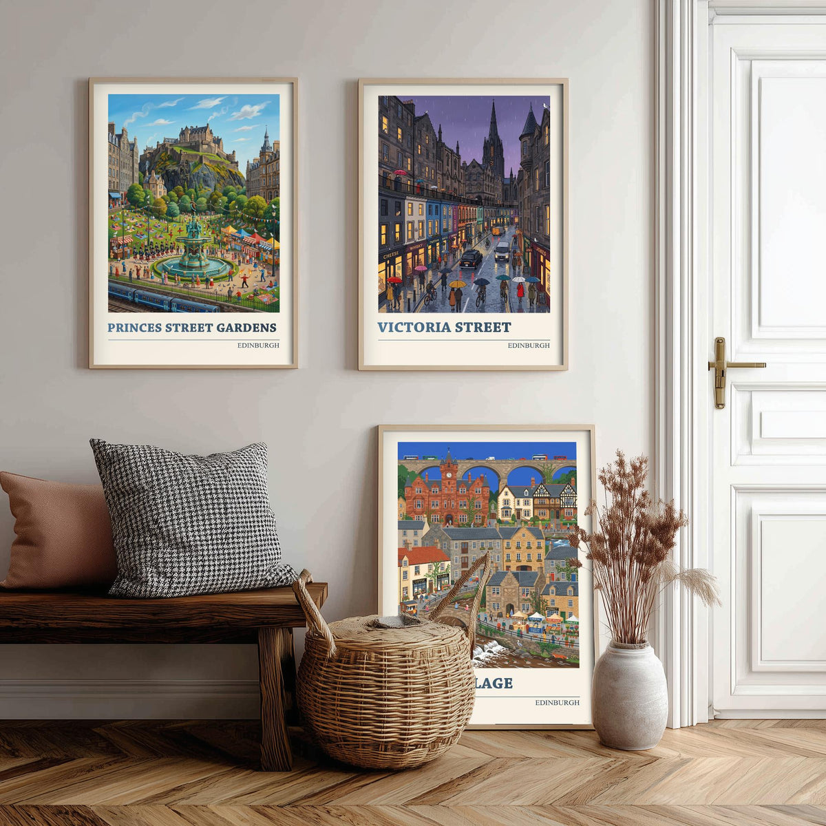 Edinburgh Set of Three Art Prints - Princes Street Gardens, Victoria Street, Dean Village - 3 Folk Illustration Travel Posters