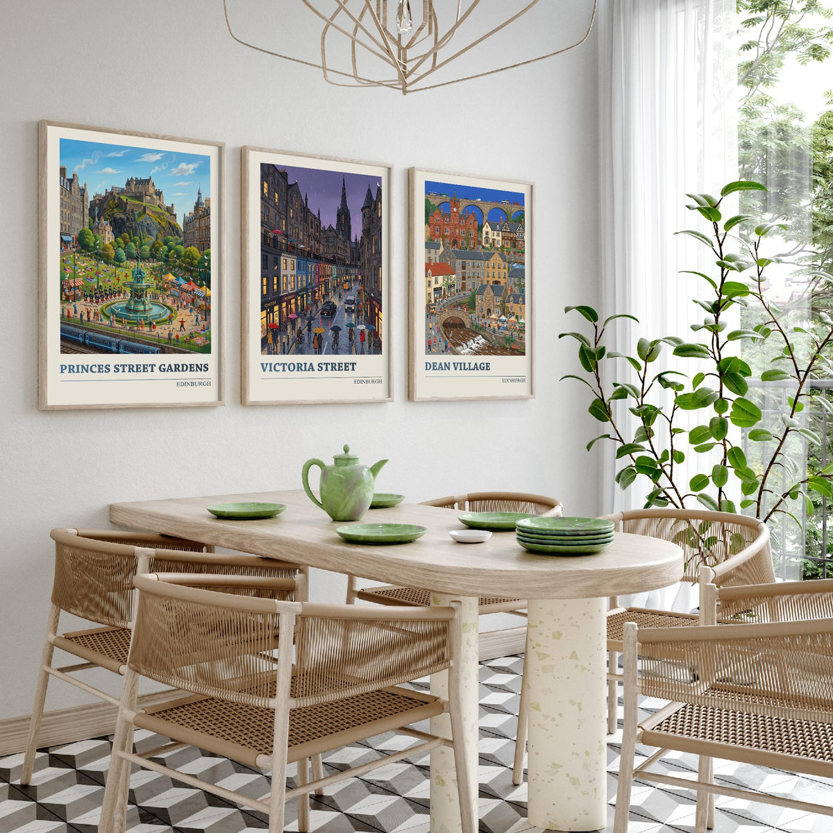 Edinburgh Set of Three Art Prints - Princes Street Gardens, Victoria Street, Dean Village - 3 Folk Illustration Travel Posters
