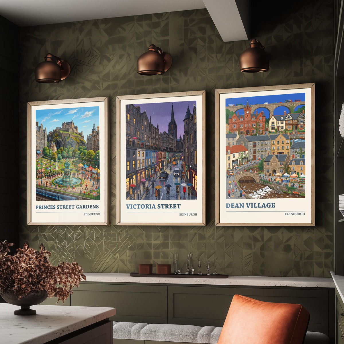Edinburgh Set of Three Art Prints - Princes Street Gardens, Victoria Street, Dean Village - 3 Folk Illustration Travel Posters