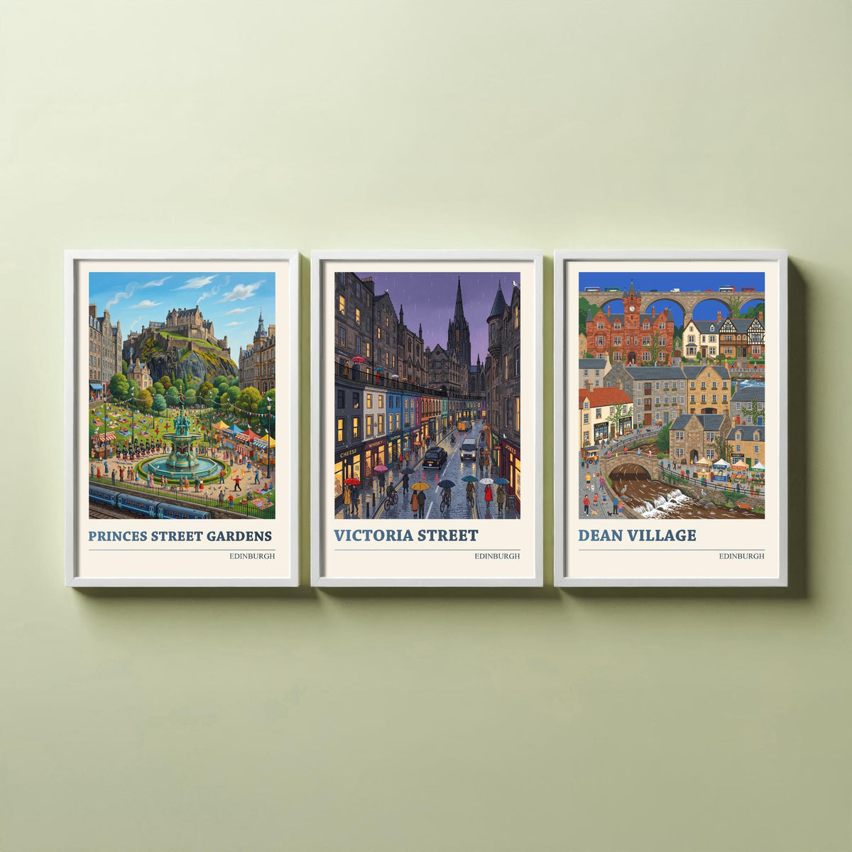 Edinburgh Set of Three Art Prints - Princes Street Gardens, Victoria Street, Dean Village - 3 Folk Illustration Travel Posters