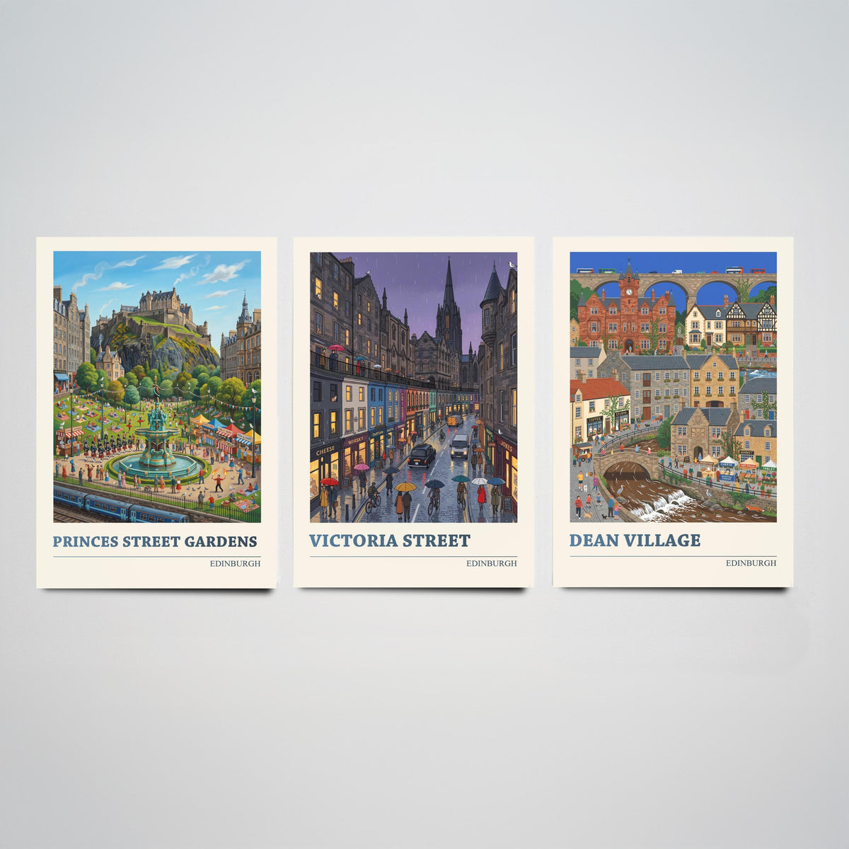 Edinburgh Set of Three Art Prints - Princes Street Gardens, Victoria Street, Dean Village - 3 Folk Illustration Travel Posters