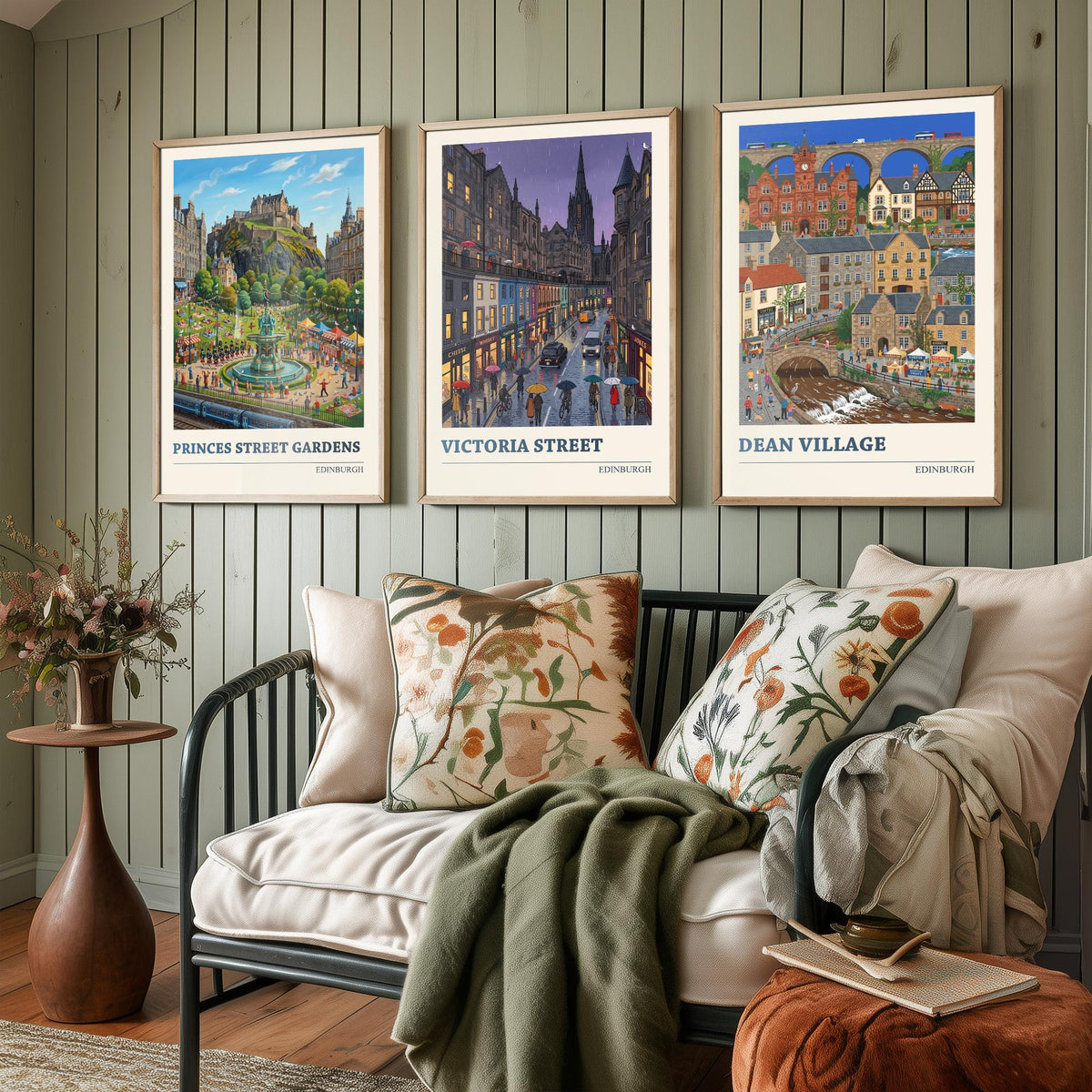 Edinburgh Set of Three Art Prints - Princes Street Gardens, Victoria Street, Dean Village - 3 Folk Illustration Travel Posters