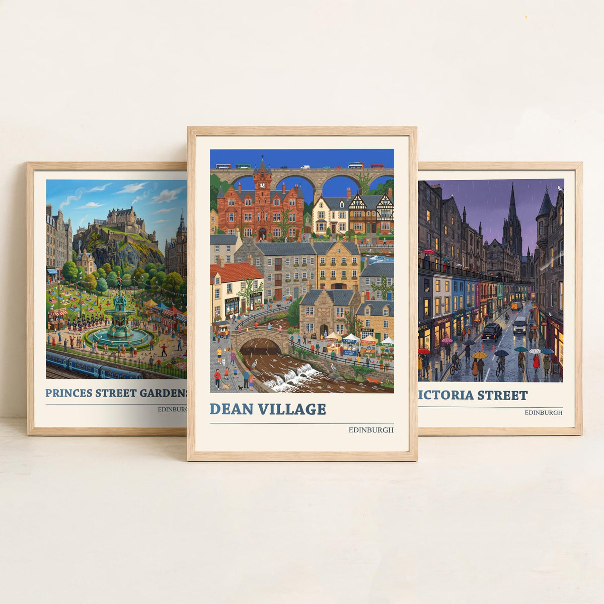 Edinburgh Set of Three Art Prints - Princes Street Gardens, Victoria Street, Dean Village - 3 Folk Illustration Travel Posters
