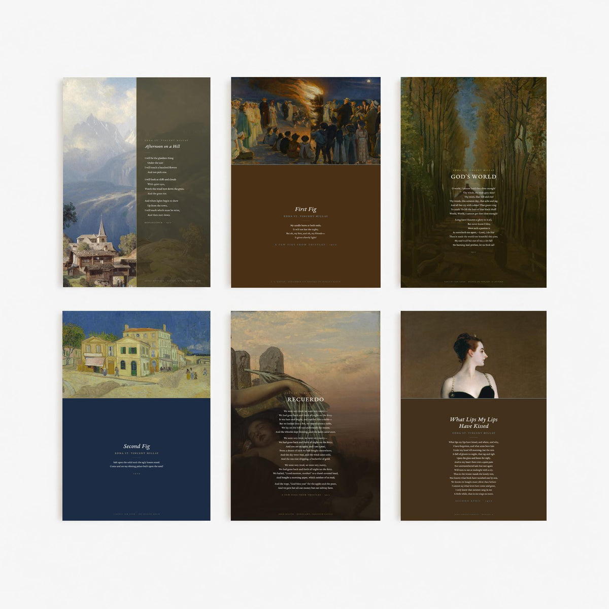 Set of Six Edna St Vincent Millay Poem Art Prints - 6 Full Poems over Paintings - Posters - First Fig, God's World, Afternoon on a Hill