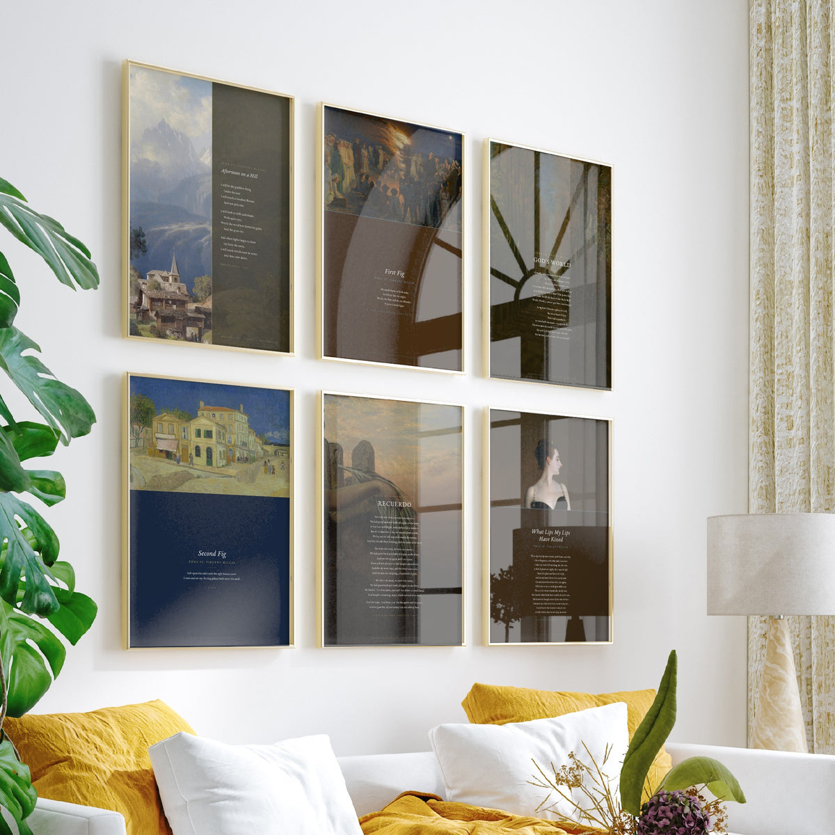 Set of Six Edna St Vincent Millay Poem Art Prints - 6 Full Poems over Paintings - Posters - First Fig, God's World, Afternoon on a Hill