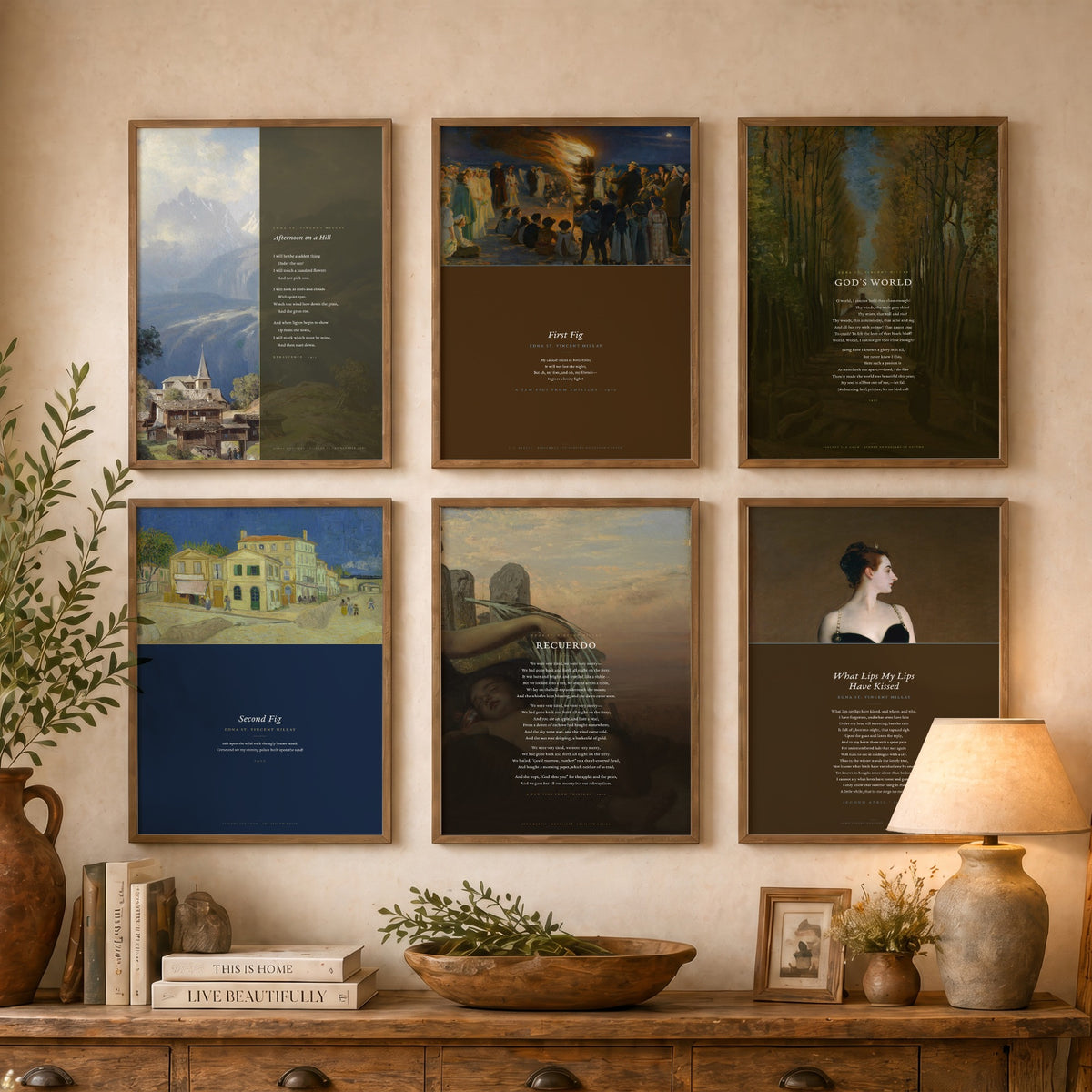 Set of Six Edna St Vincent Millay Poem Art Prints - 6 Full Poems over Paintings - Posters - First Fig, God's World, Afternoon on a Hill