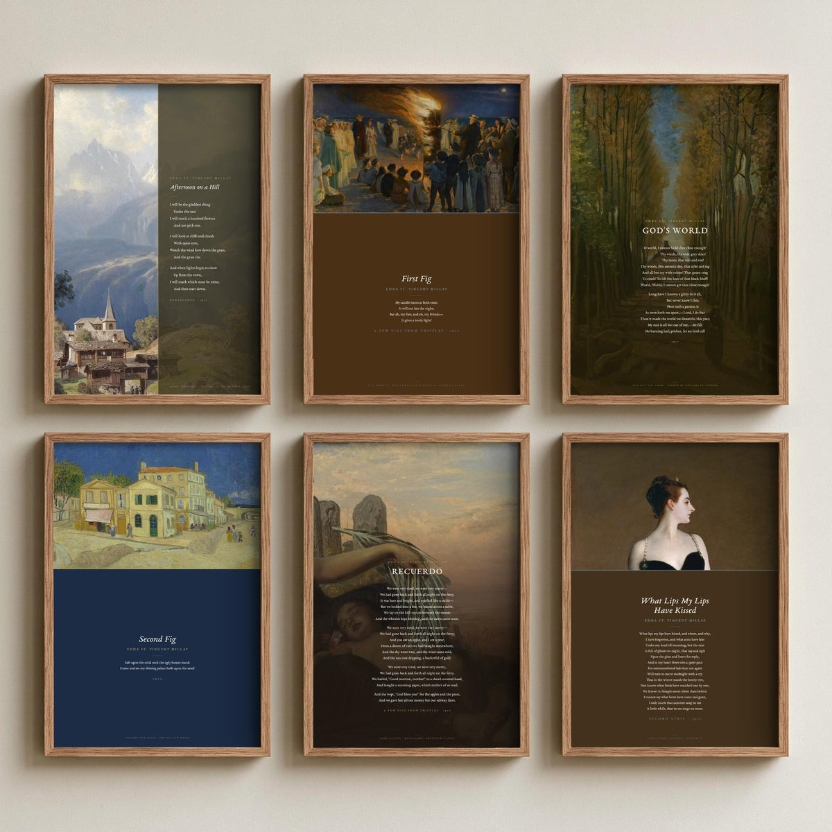 Set of Six Edna St Vincent Millay Poem Art Prints - 6 Full Poems over Paintings - Posters - First Fig, God's World, Afternoon on a Hill