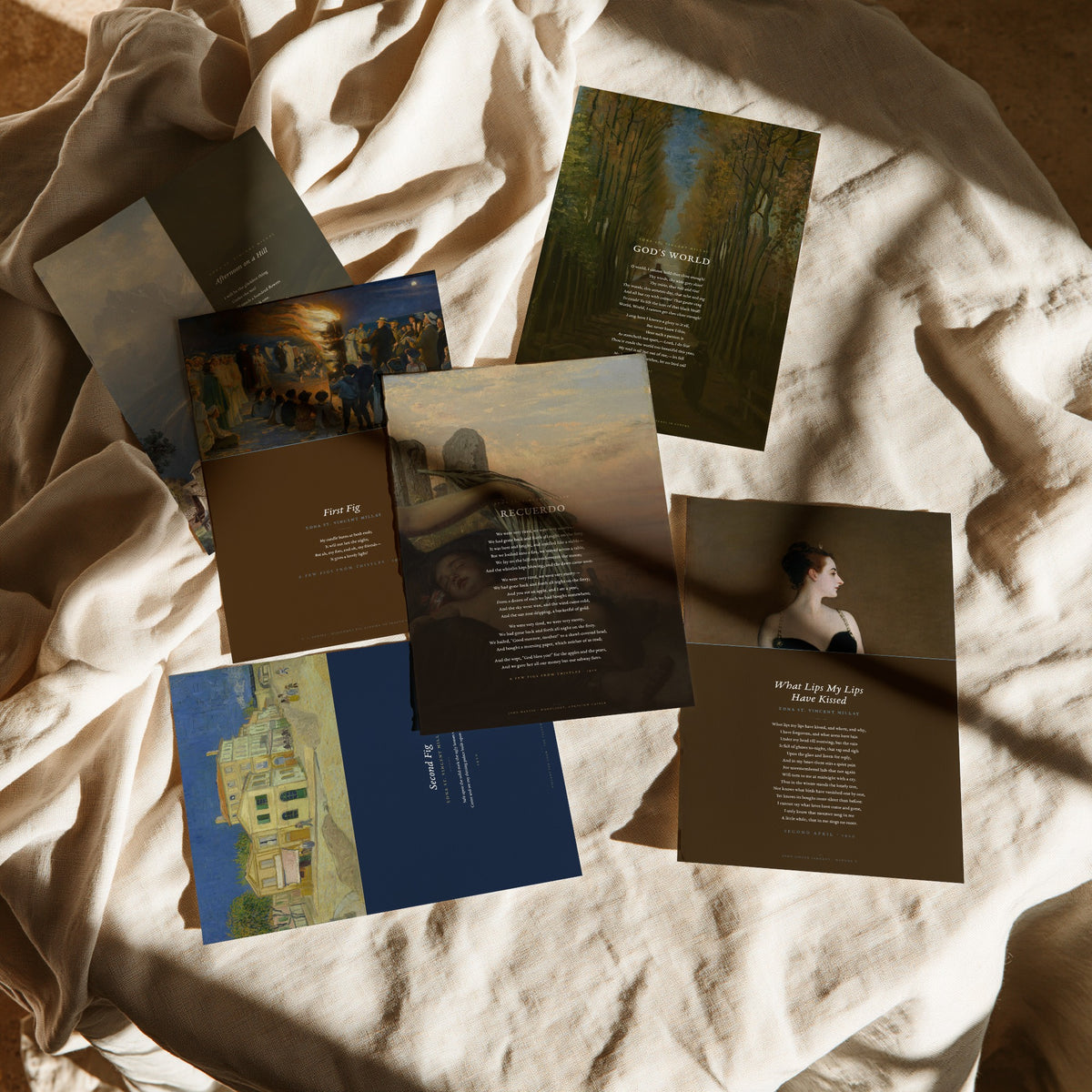 Set of Six Edna St Vincent Millay Poem Art Prints - 6 Full Poems over Paintings - Posters - First Fig, God's World, Afternoon on a Hill