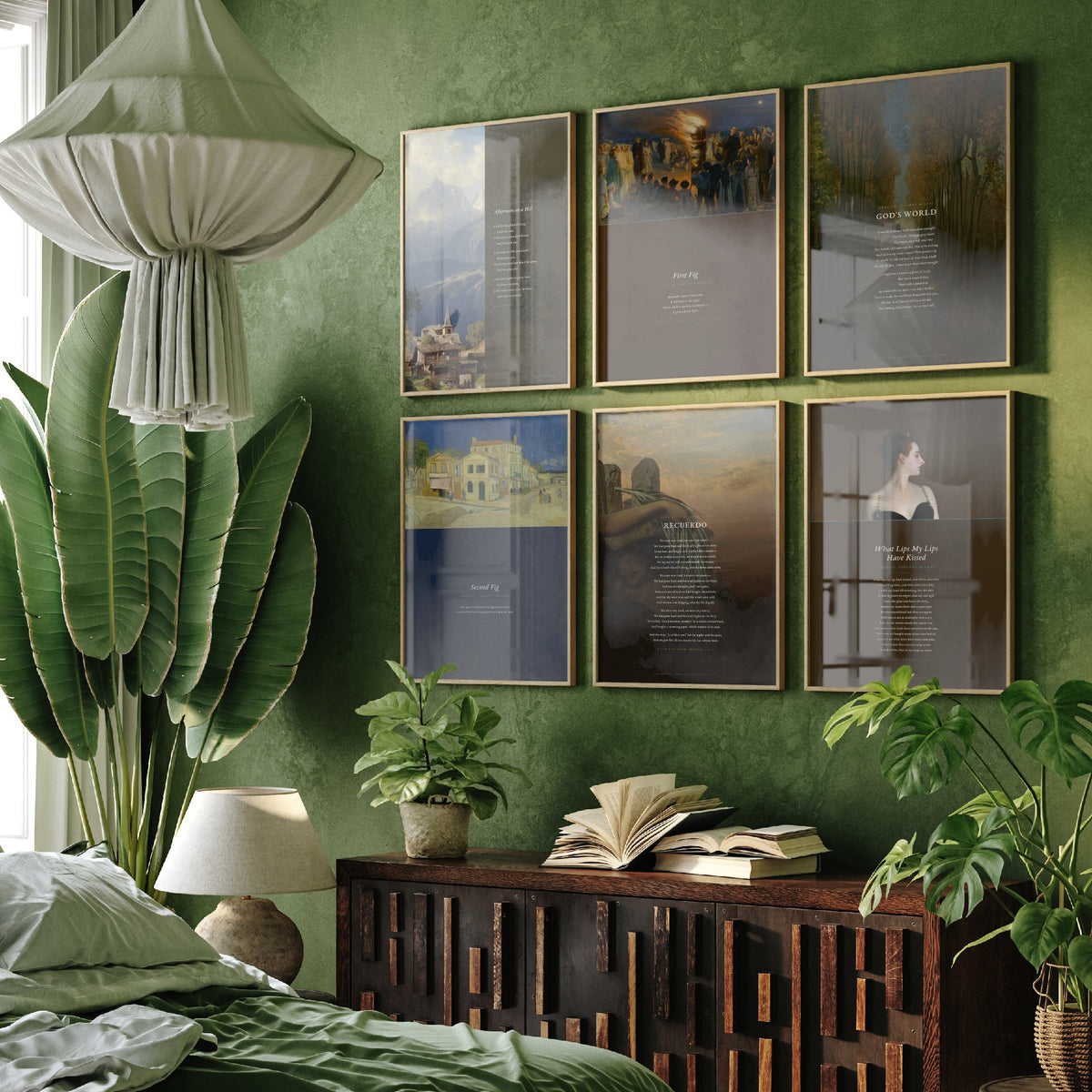 Set of Six Edna St Vincent Millay Poem Art Prints - 6 Full Poems over Paintings - Posters - First Fig, God's World, Afternoon on a Hill