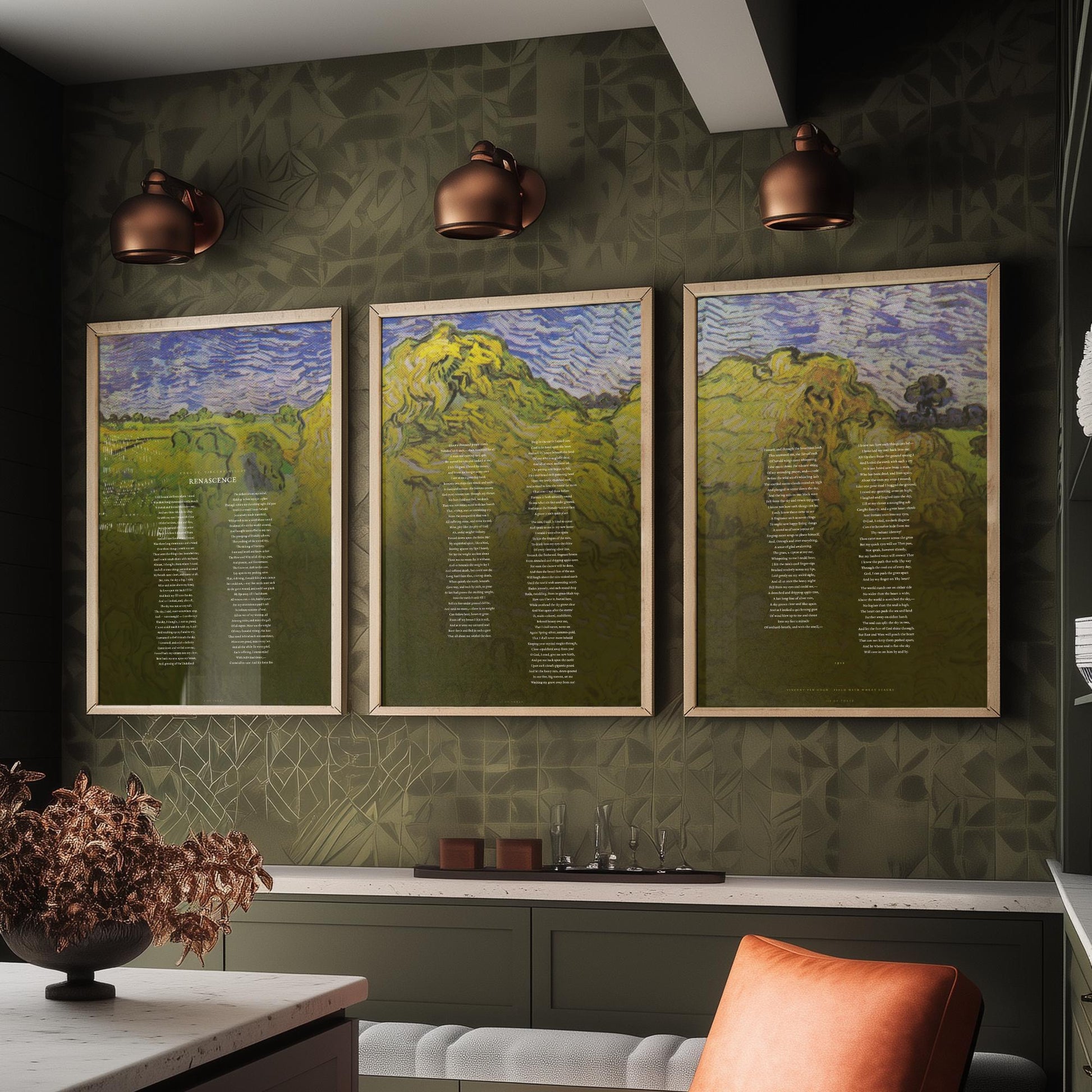 Renascence by Edna St Vincent Millay Set of Three Art Prints - Full Poem over Van Gogh Wheat Stacks Painting - Poetry Poster Triptych