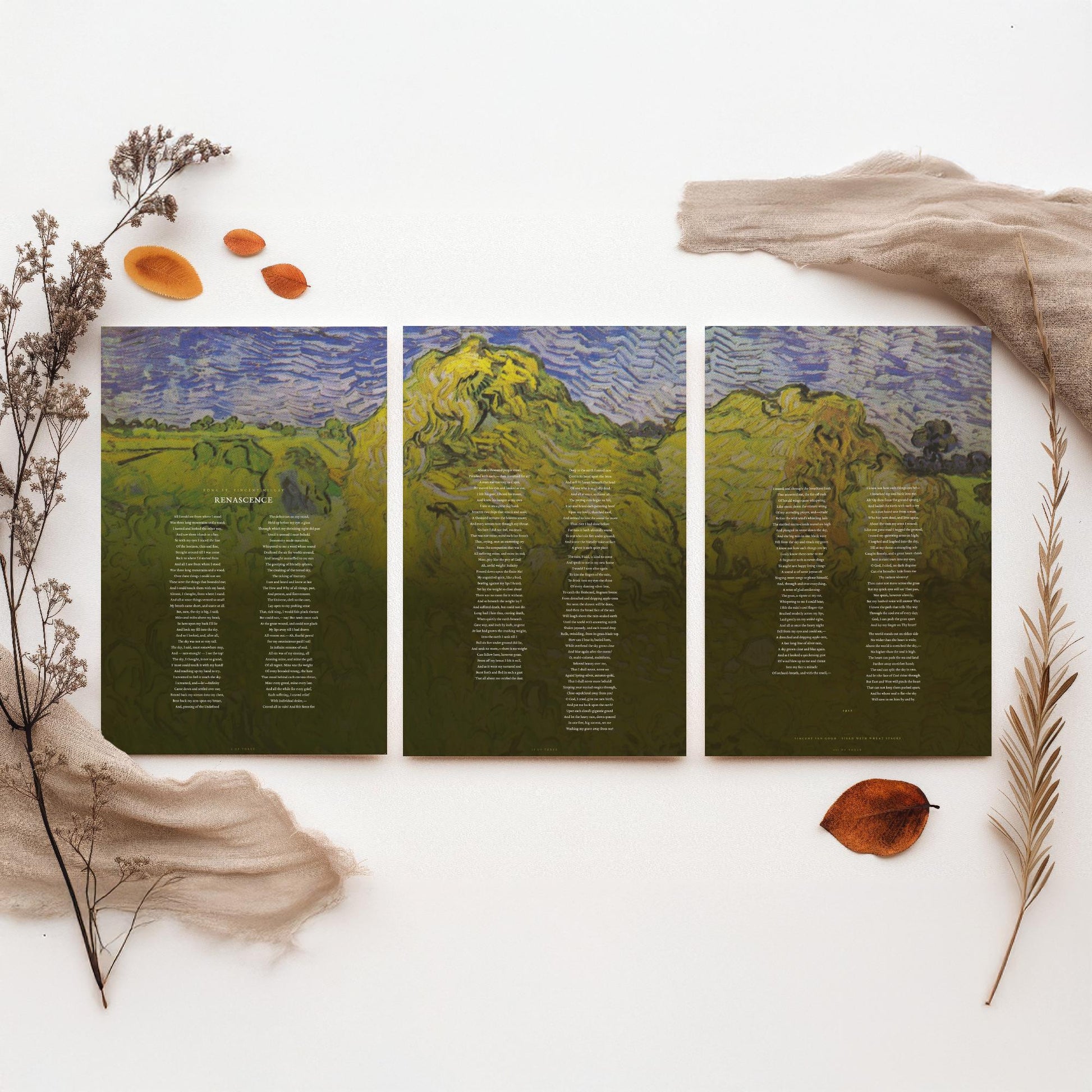 Renascence by Edna St Vincent Millay Set of Three Art Prints - Full Poem over Van Gogh Wheat Stacks Painting - Poetry Poster Triptych