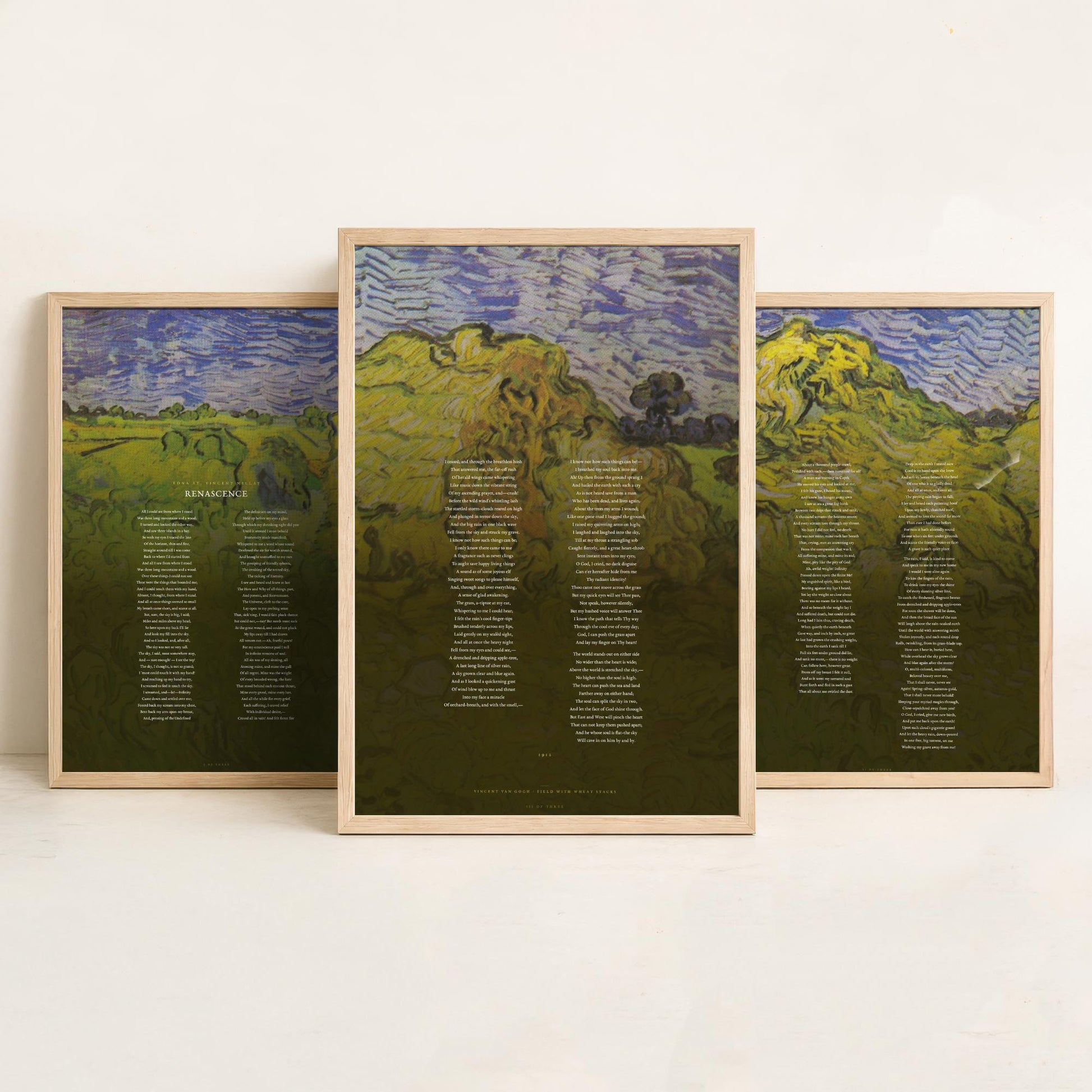 Renascence by Edna St Vincent Millay Set of Three Art Prints - Full Poem over Van Gogh Wheat Stacks Painting - Poetry Poster Triptych