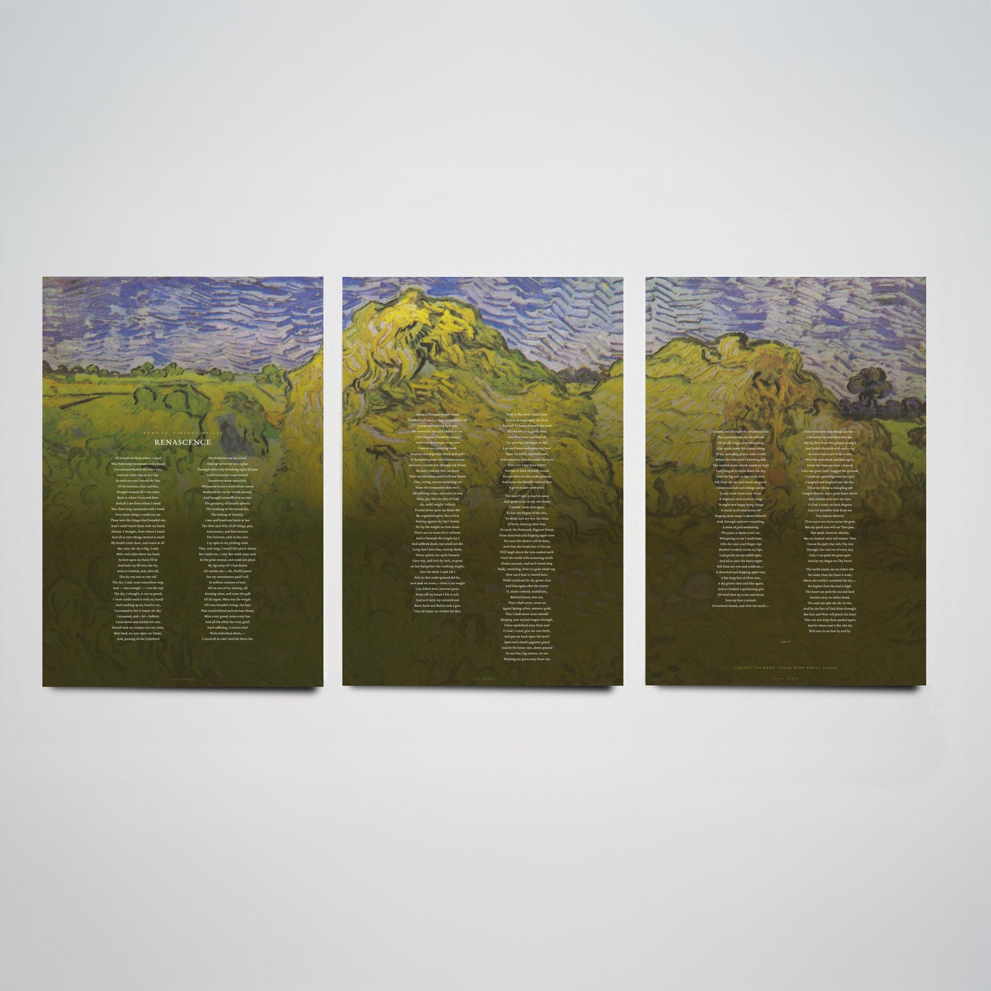 Renascence by Edna St Vincent Millay Set of Three Art Prints - Full Poem over Van Gogh Wheat Stacks Painting - Poetry Poster Triptych