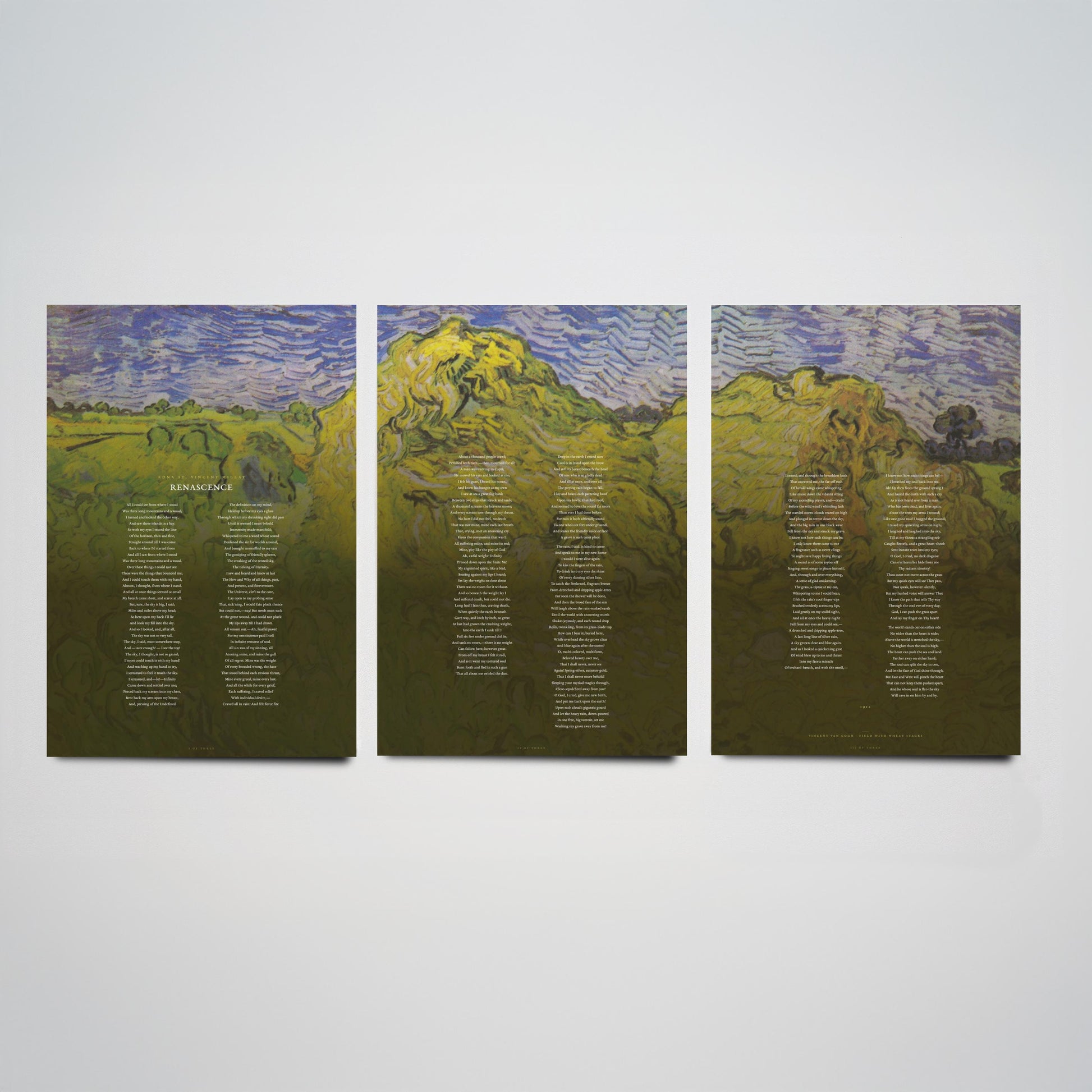 Renascence by Edna St Vincent Millay Set of Three Art Prints - Full Poem over Van Gogh Wheat Stacks Painting - Poetry Poster Triptych