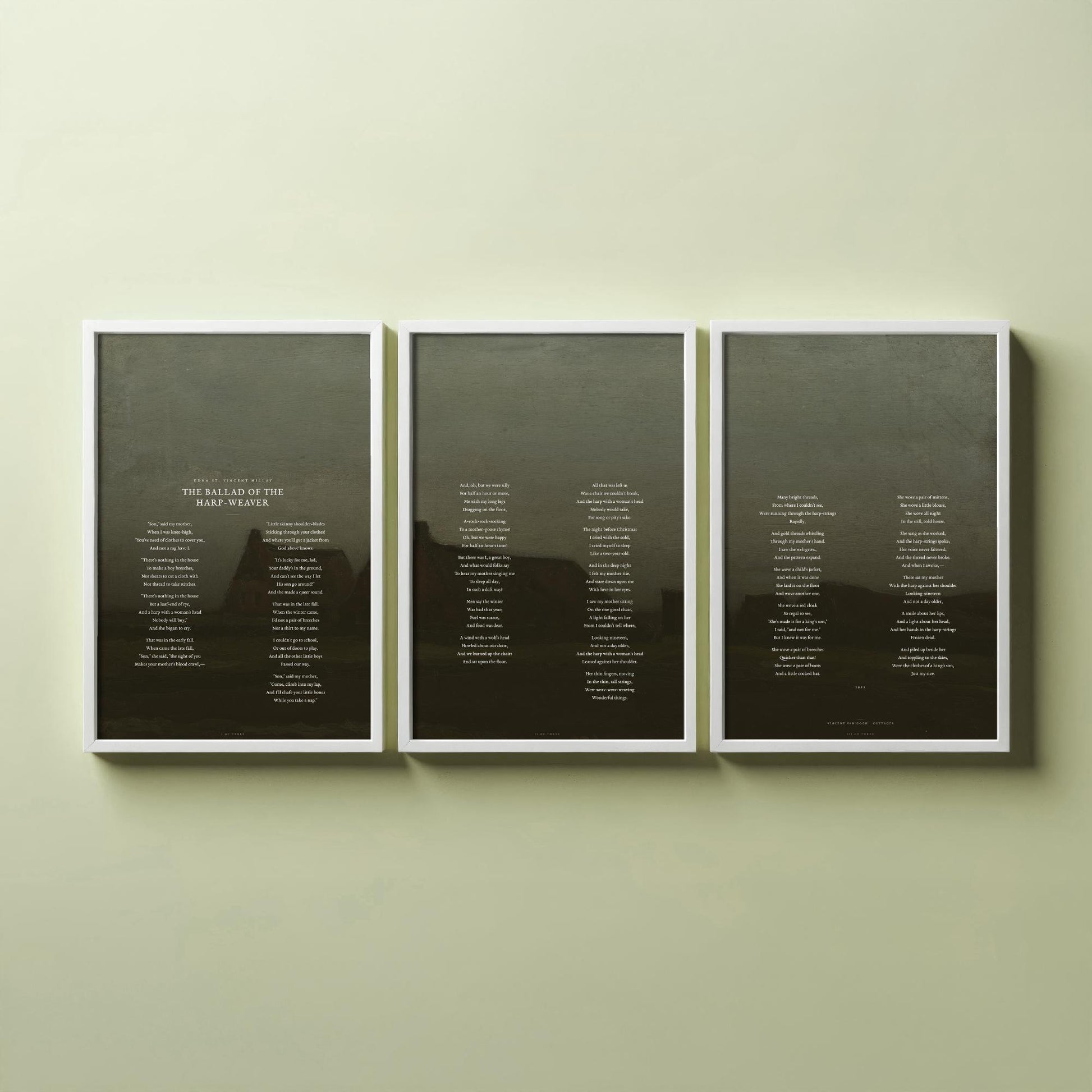 The Ballad of the Harp Weaver by Edna St Vincent Millay Set of Three Art Prints - Full Poem over Van Gogh Painting - Poetry Poster Triptych