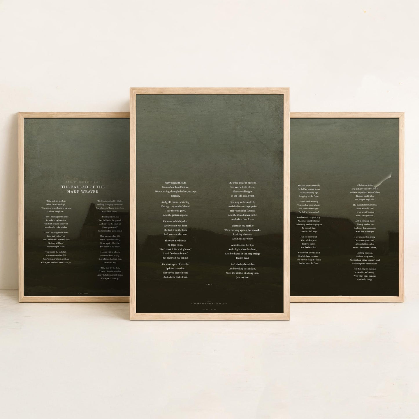 The Ballad of the Harp Weaver by Edna St Vincent Millay Set of Three Art Prints - Full Poem over Van Gogh Painting - Poetry Poster Triptych